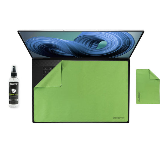 Microfiber keyboard cover set: green protector with cleaning spray bottle.