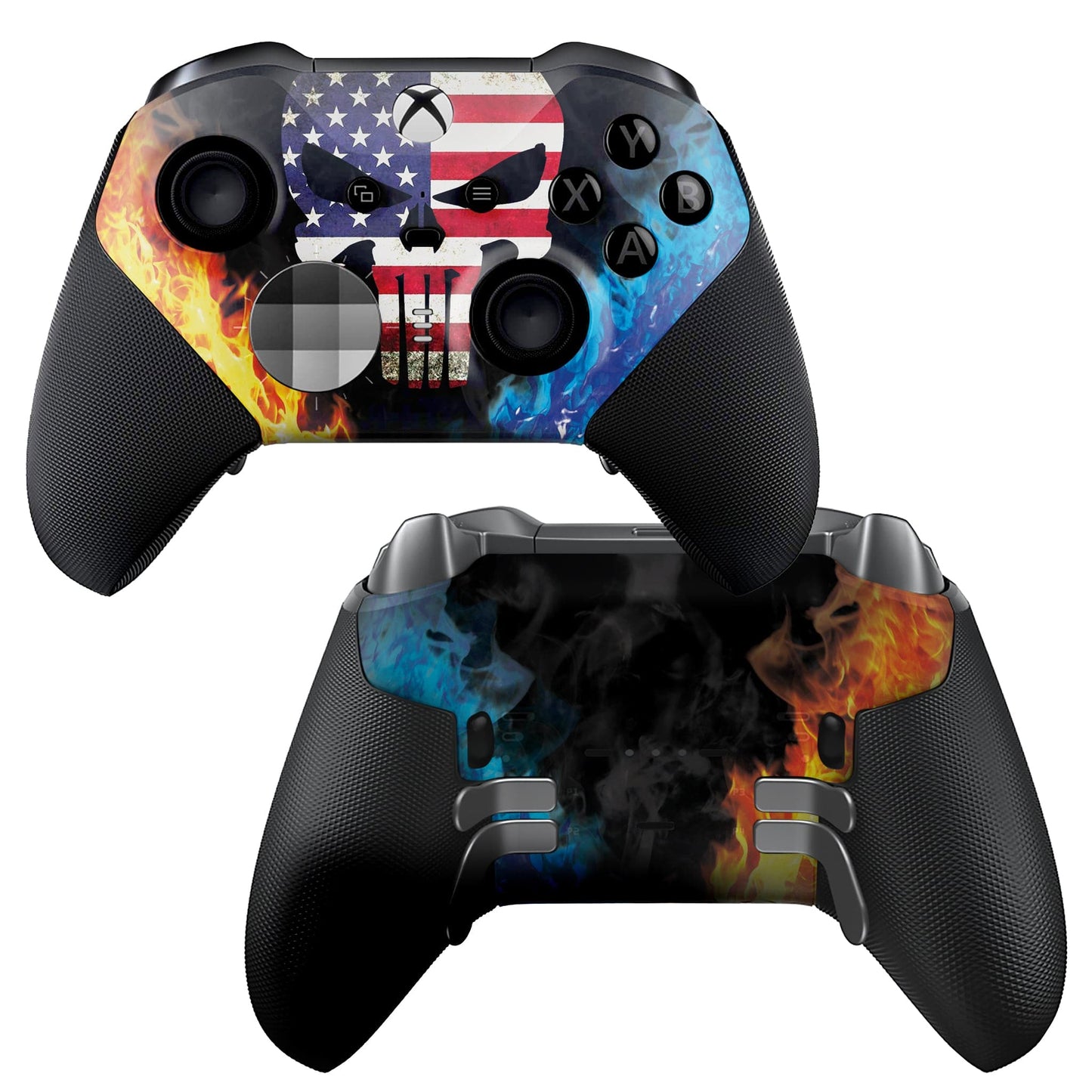 Xbox Elite Series 2 controller with American flag skull flames hydro-dip print, front and back.