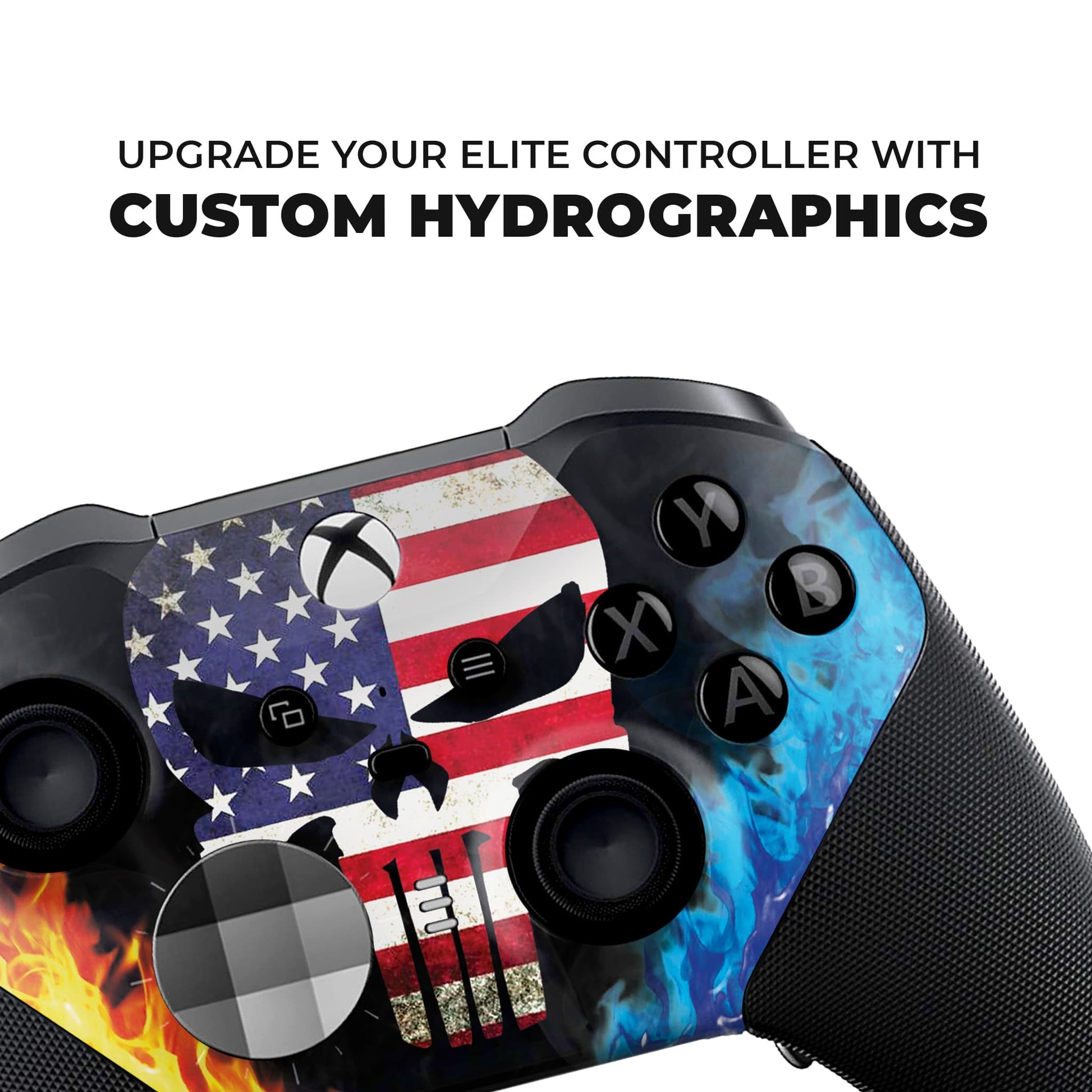 Close-up Xbox Elite Series 2 controller top with American flag skull hydro-dip artwork.
