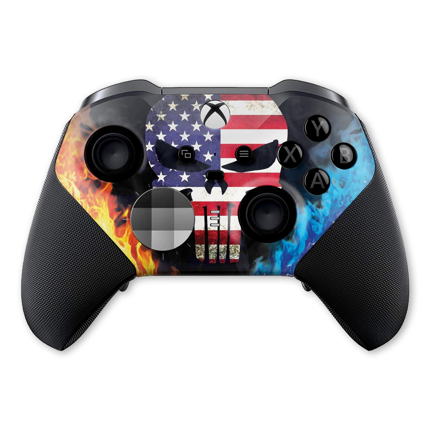 Xbox Elite Series 2 controller front with American flag skull and blue fire hydro-dip design.