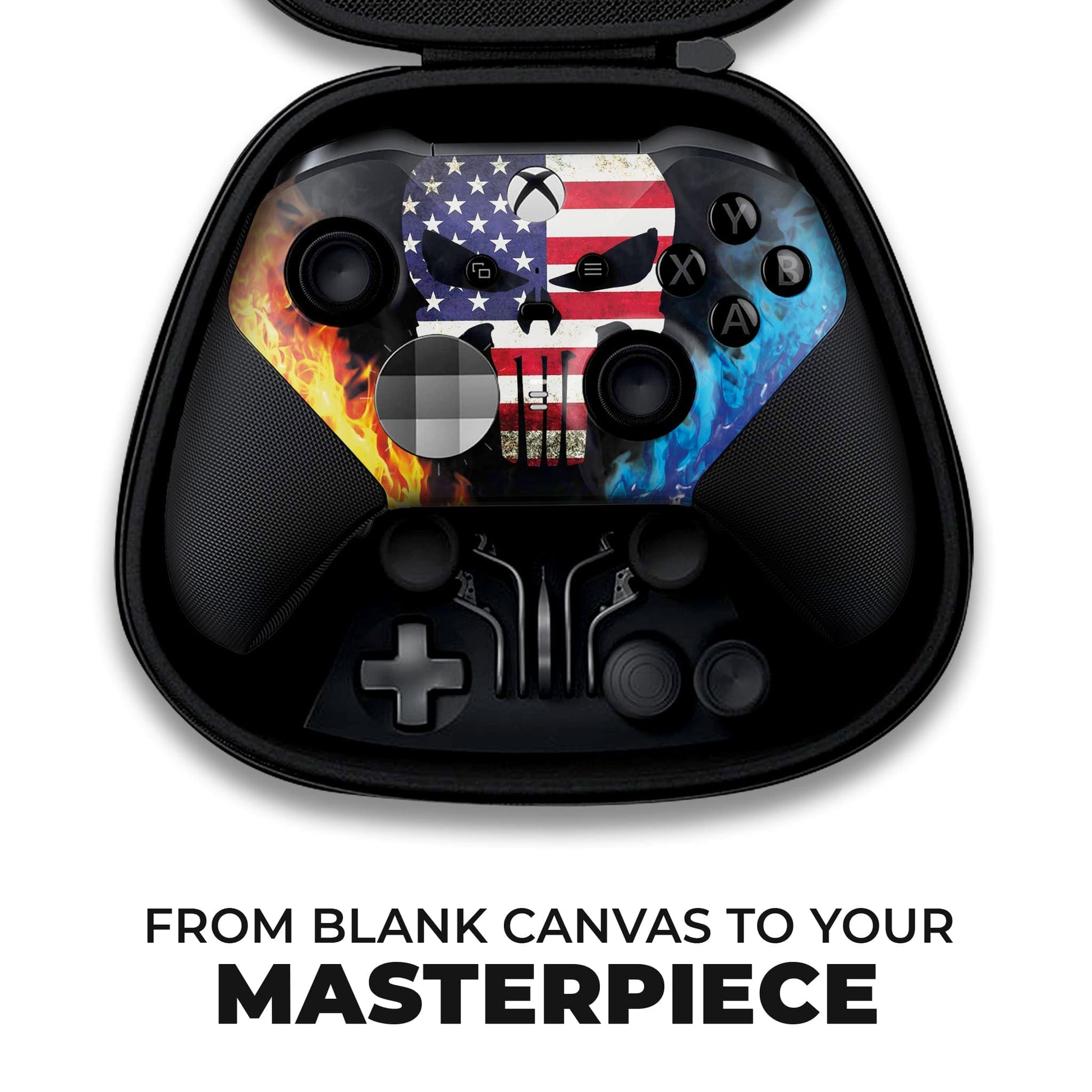 Xbox Elite Series 2 controller in case, back side with American flag skull flame hydro-dip print.