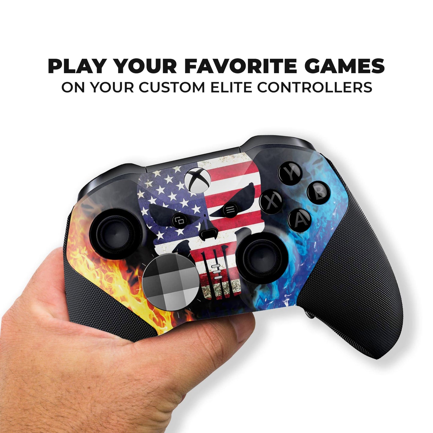 Xbox Elite Series 2 controller front held in hand, American flag skull flames hydro-dip print.