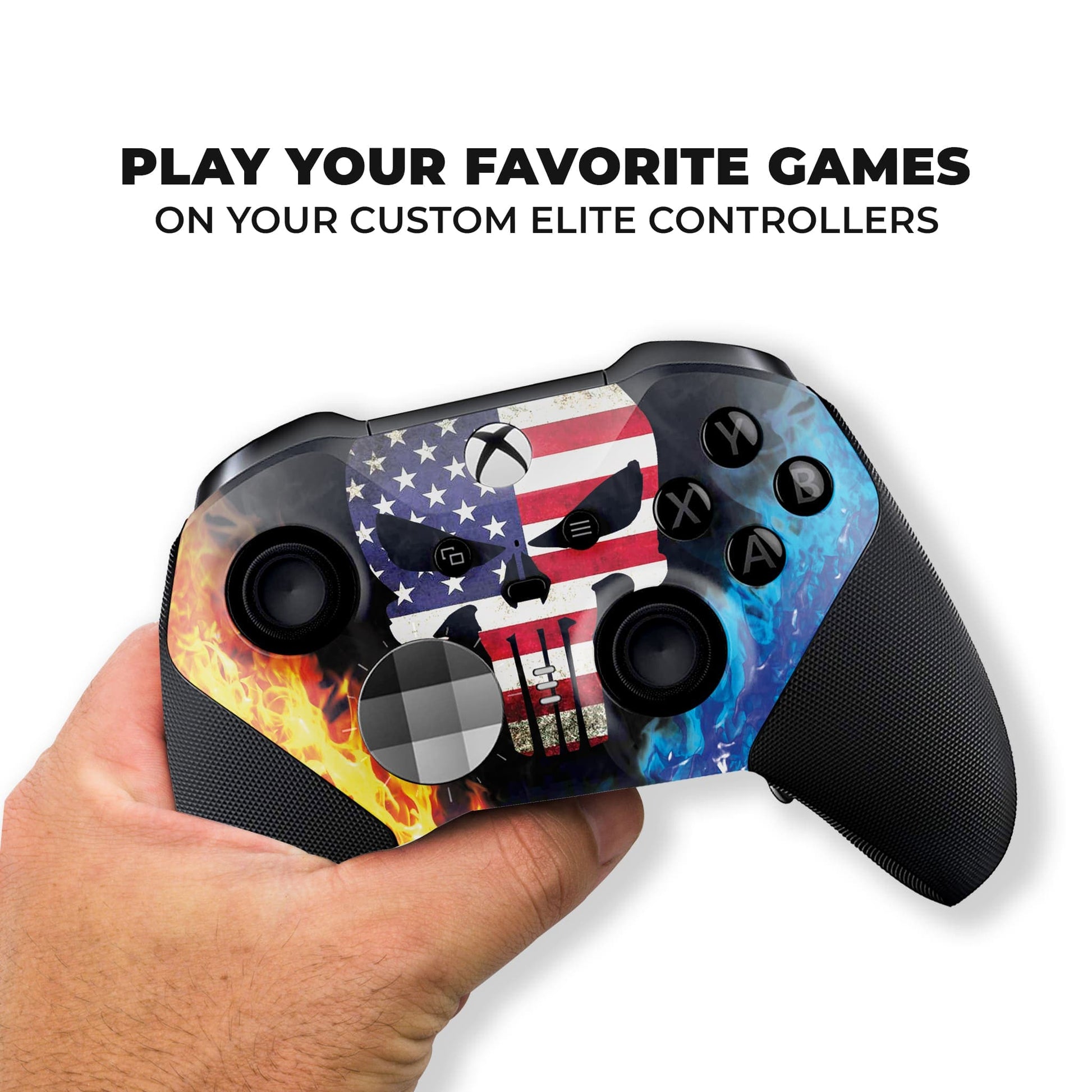 Xbox Elite Series 2 controller front held in hand, American flag skull flames hydro-dip print.