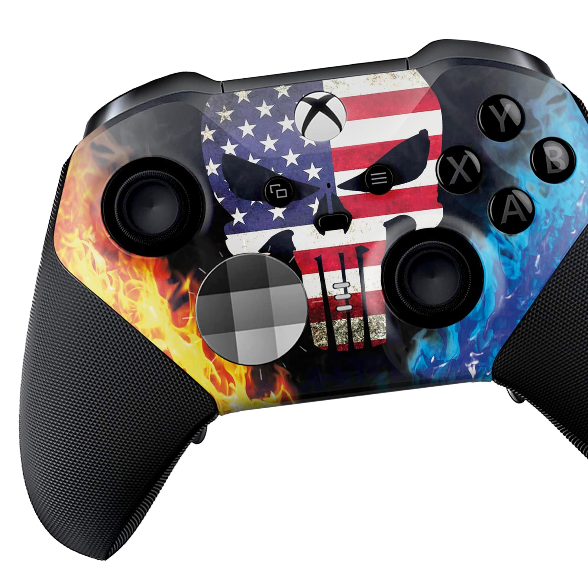 Xbox Elite Series 2 controller front with American flag skull and blue flame hydro-dip artwork.