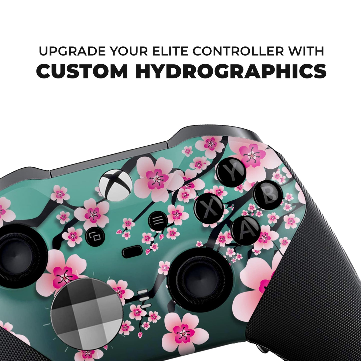 Xbox Elite Series 2 controller close-up with hydro-dipped cherry blossom floral artwork