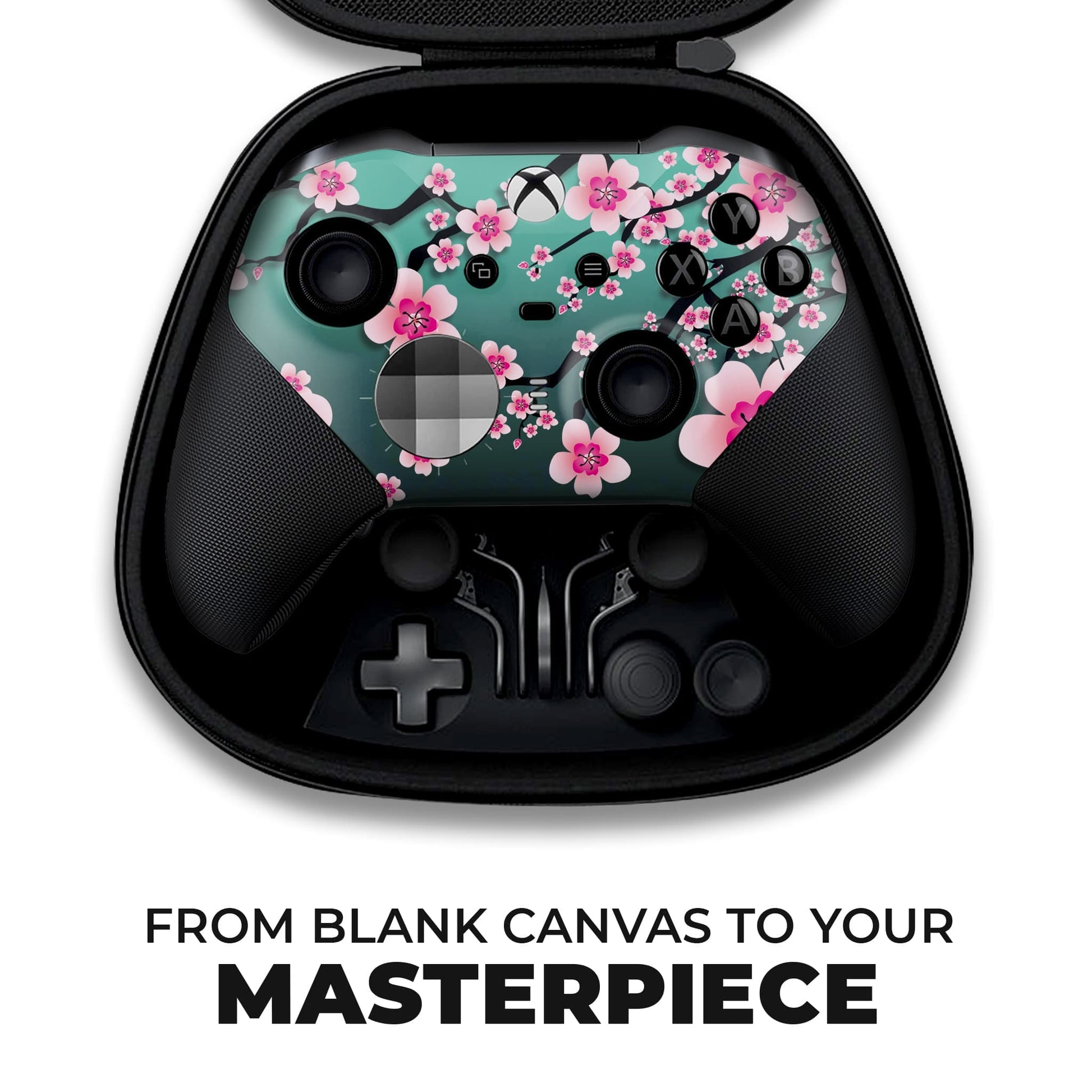 Xbox Elite Series 2 controller underside view with hydro-dipped cherry blossom floral design