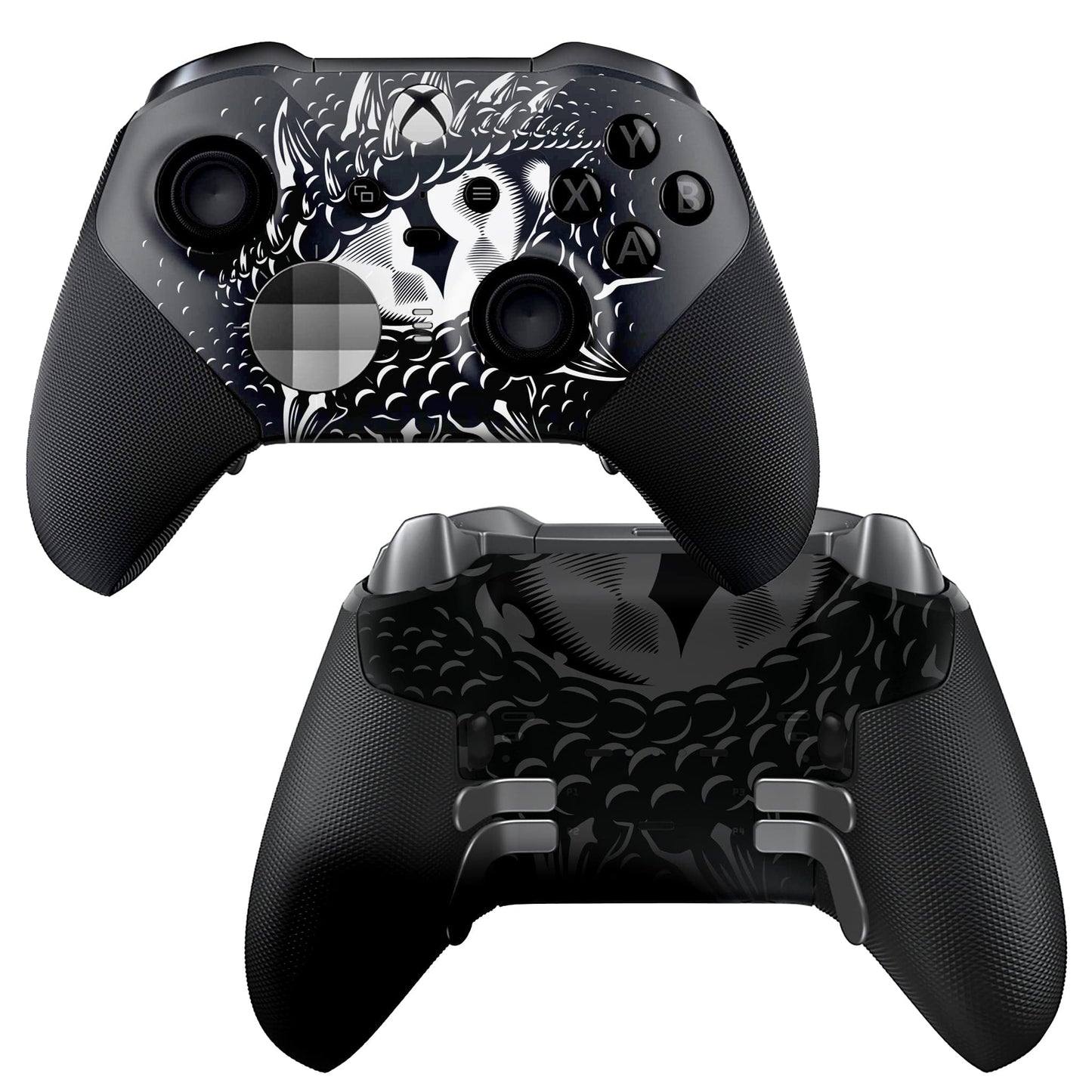 Xbox Elite Series 2 controller with Smaug dragon-eye hydro-dip front, dark faceplate
