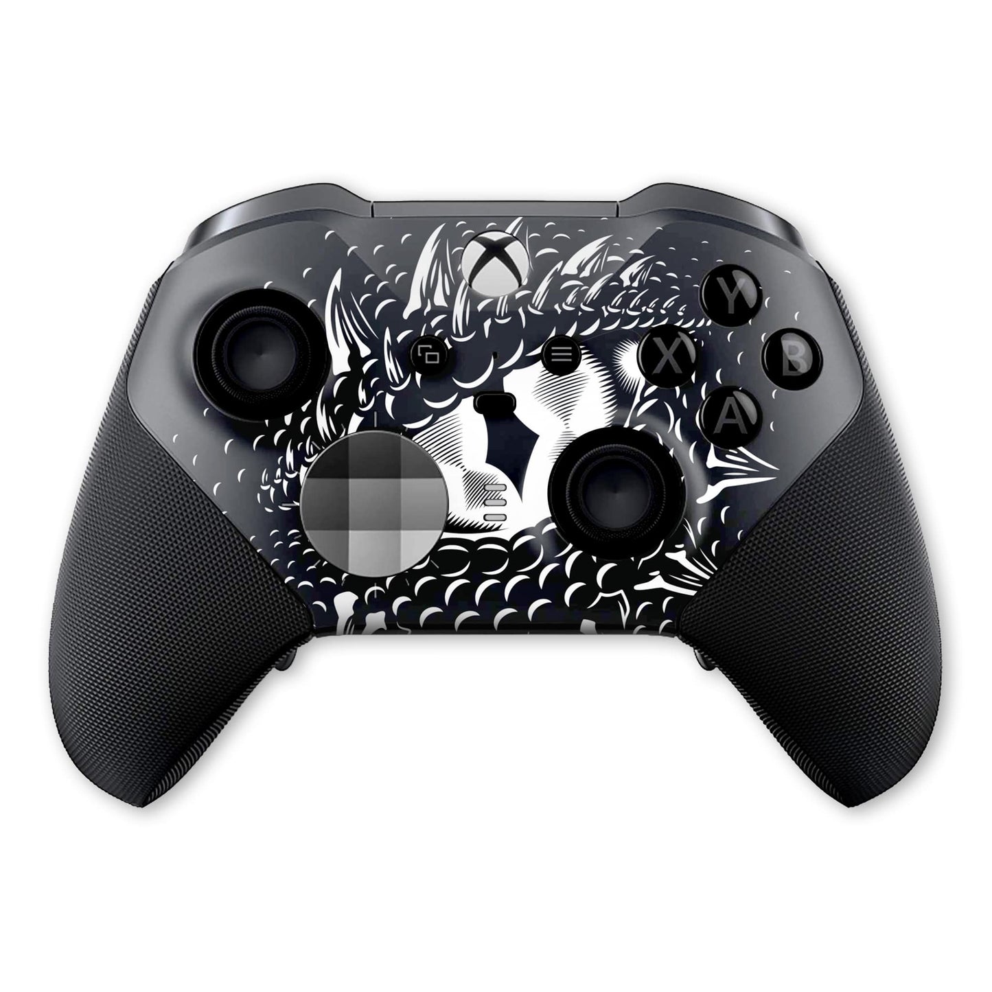 Xbox Elite Series 2 controller with Smaug dragon-eye hydro-dip front, close-up buttons