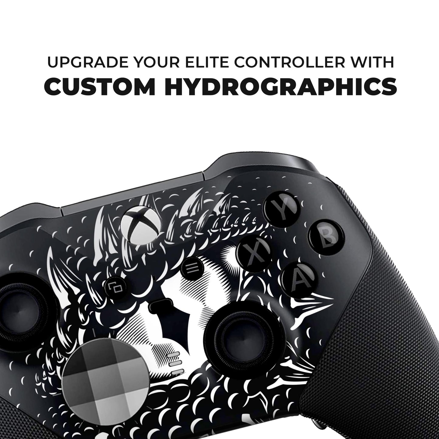 Xbox Elite Series 2 controller close-up with Smaug dragon-eye hydro-dip front artwork