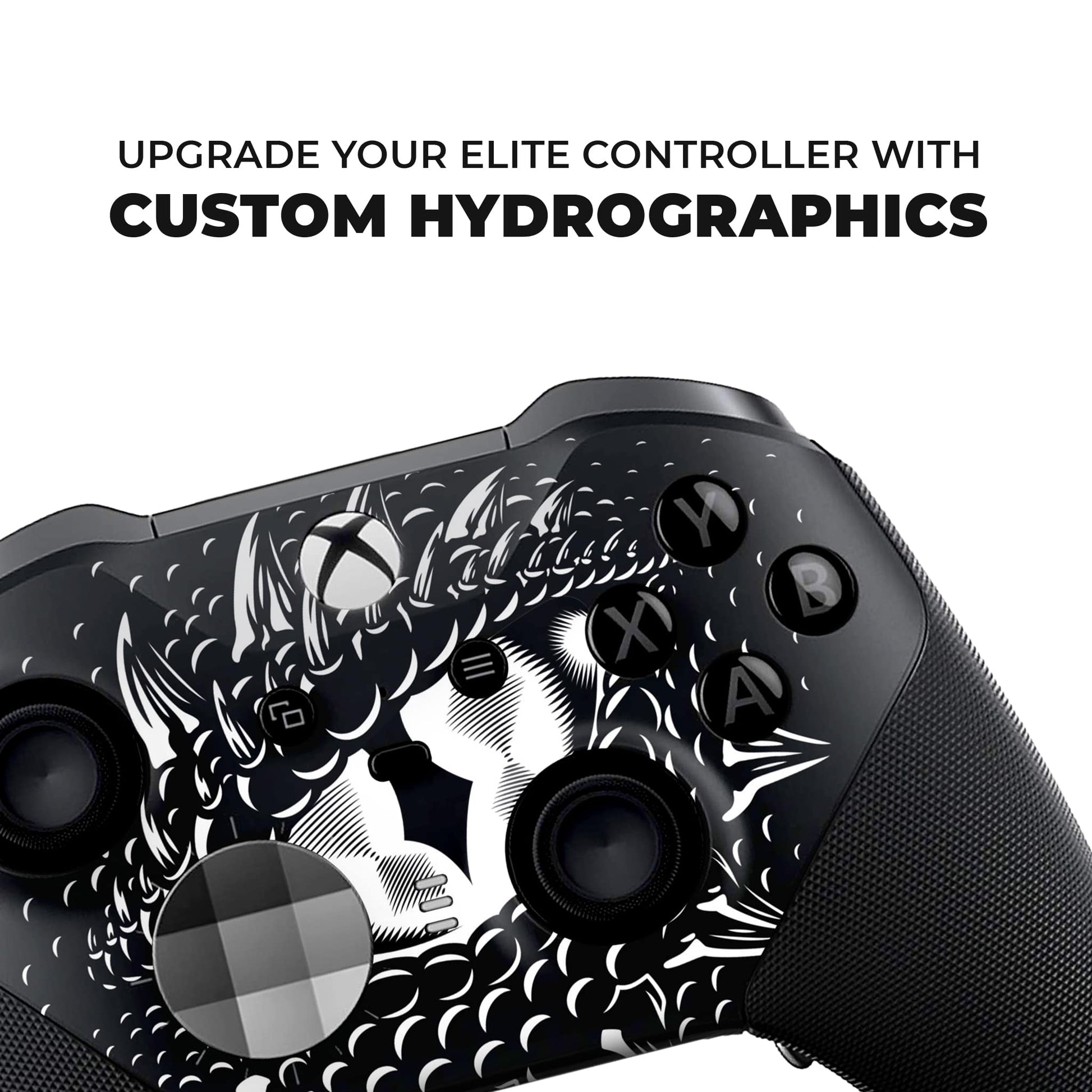 Xbox Elite Series 2 controller close-up with Smaug dragon-eye hydro-dip front artwork