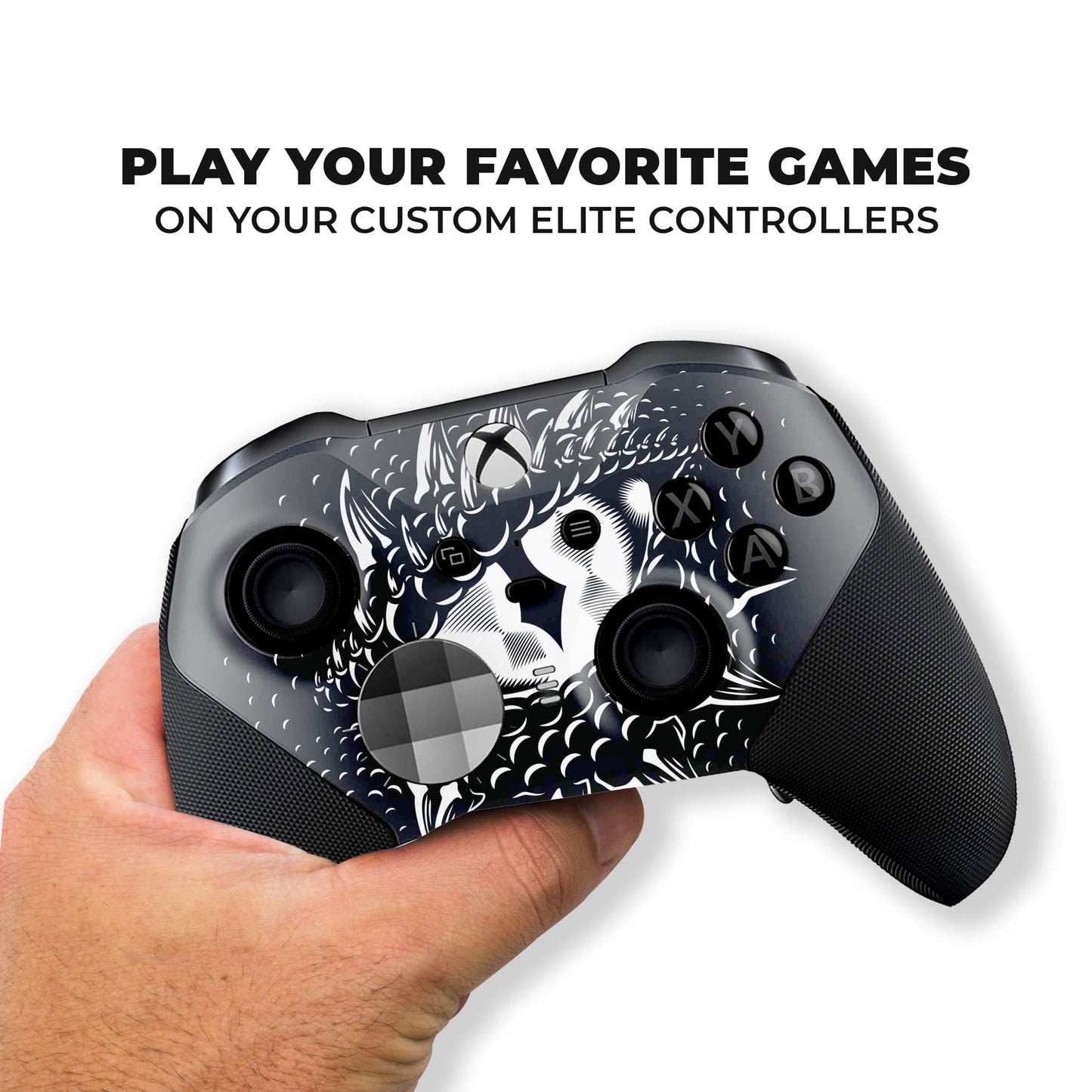 Xbox Elite Series 2 controller held in hand, Smaug dragon-eye hydro-dip front