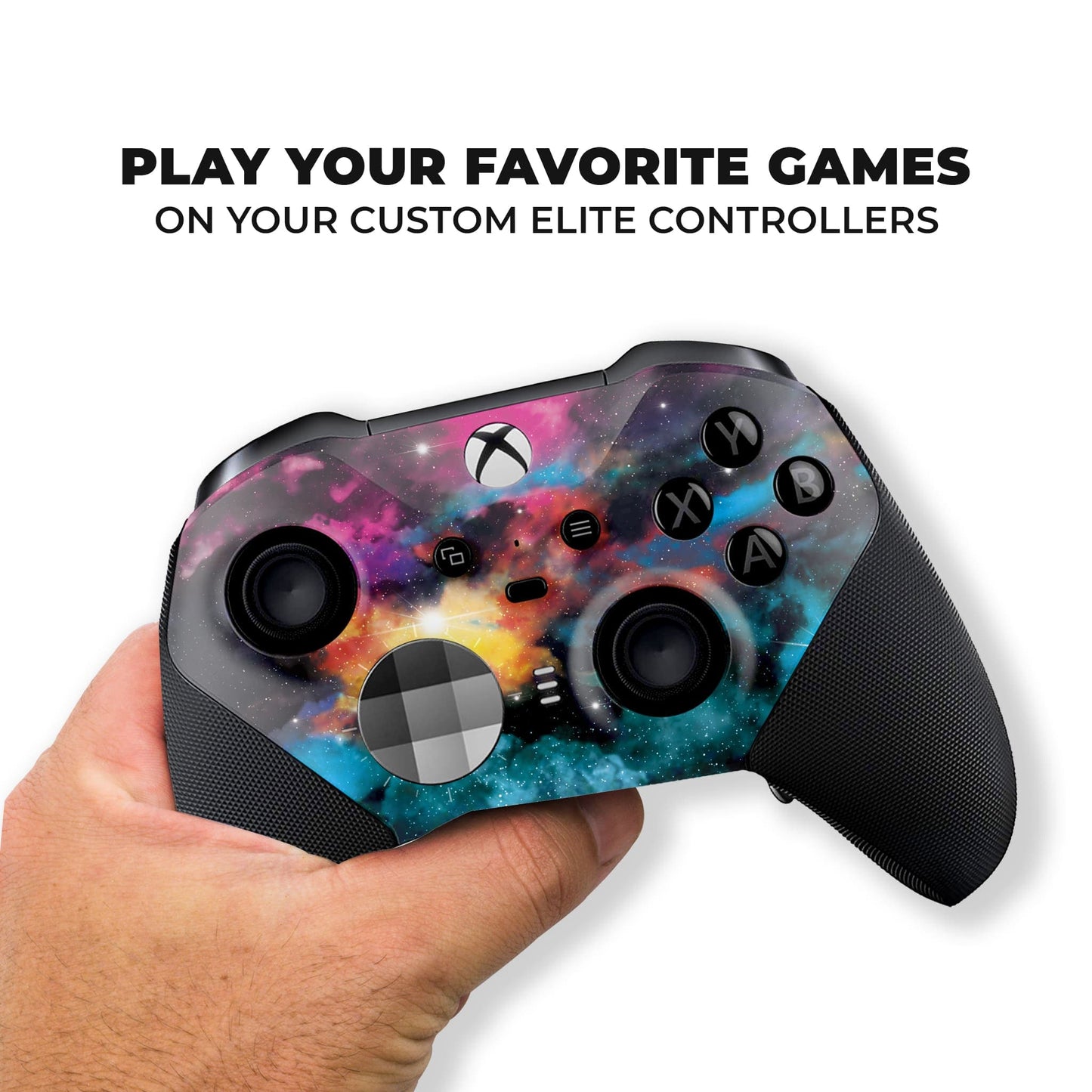 Xbox Elite Series 2 controller in hand, galaxy hydro-dip front and black grips