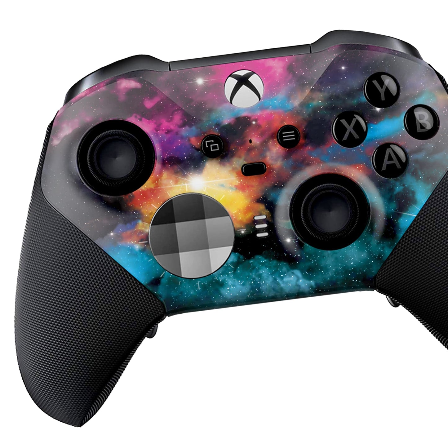 Xbox Elite Series 2 controller with galaxy hydro-dip front view and black grips