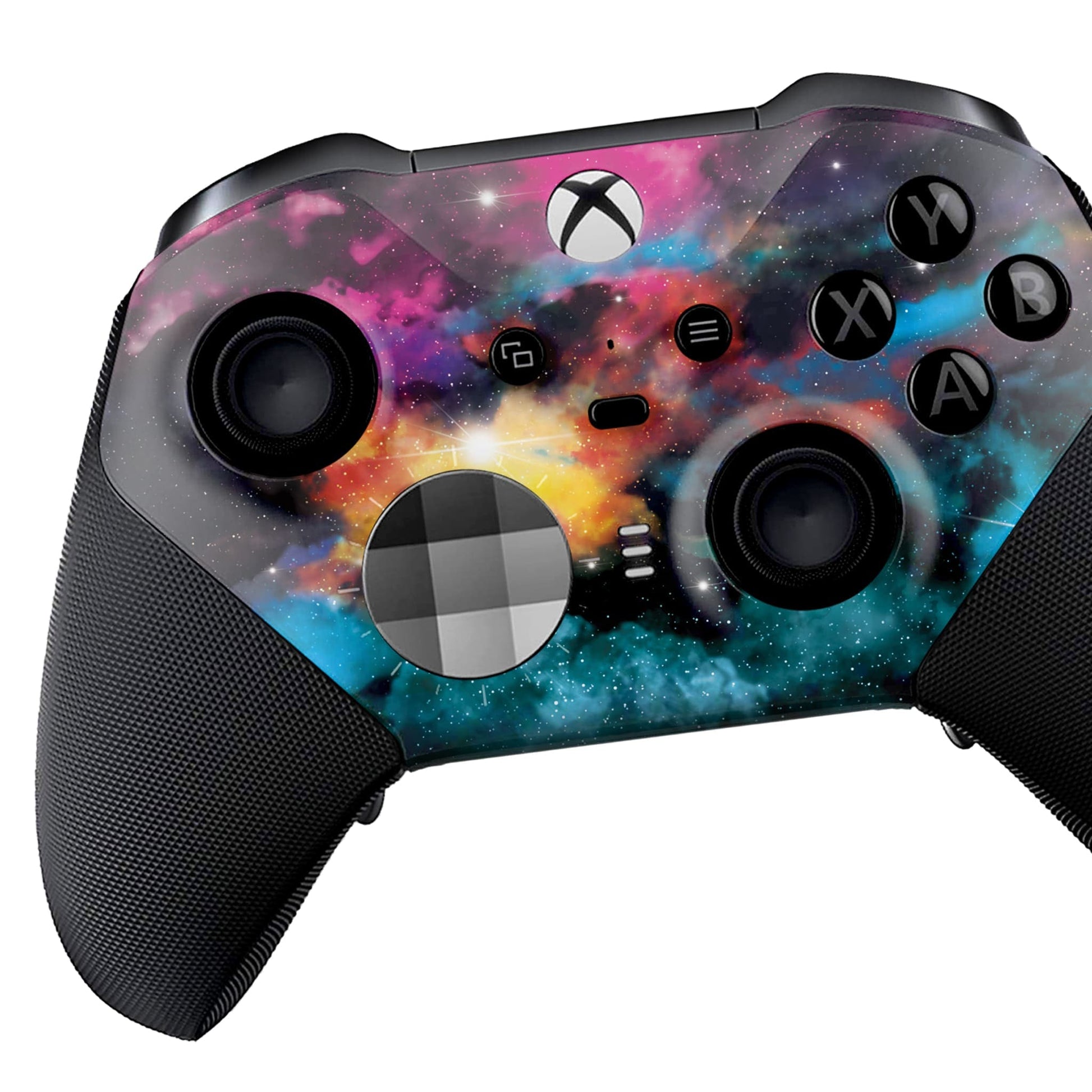 Xbox Elite Series 2 controller with galaxy hydro-dip front view and black grips