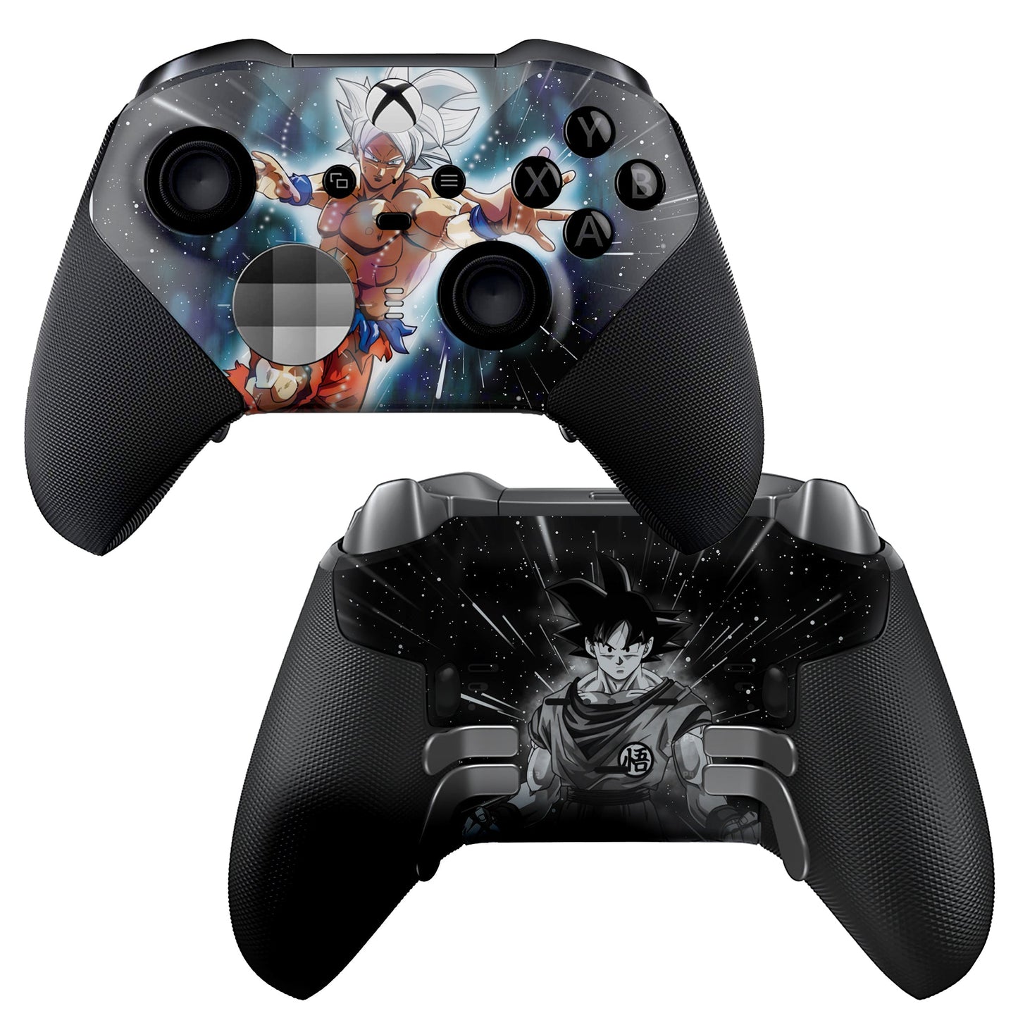 Xbox Elite Series 2 controller with black textured grips and Ultra Instinct-style front art