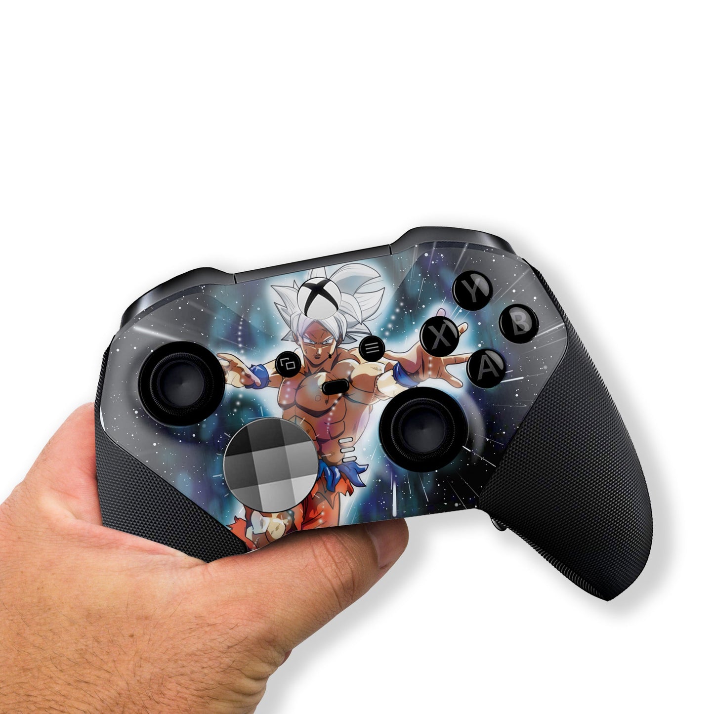 Xbox Elite Series 2 controller held in hand with blue Galaxy hydrographic front design