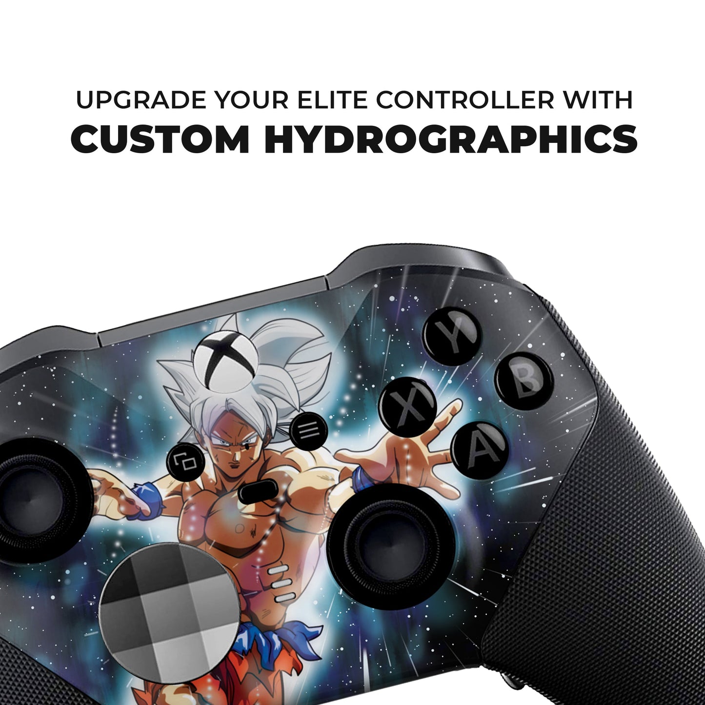 Xbox Elite Series 2 controller close-up showing black grips and Ultra Instinct-style face graphic
