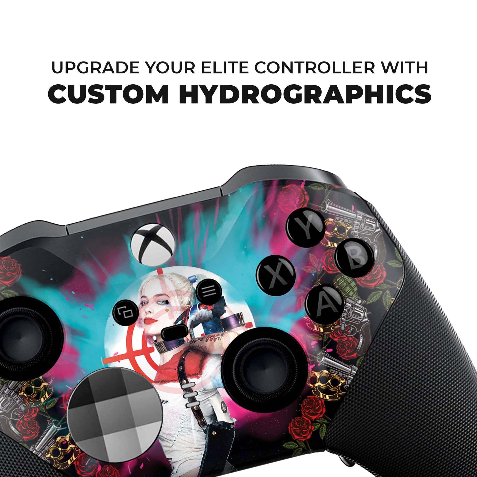Xbox Elite Series 2 controller close-up front with colorful hydro-dip graphic