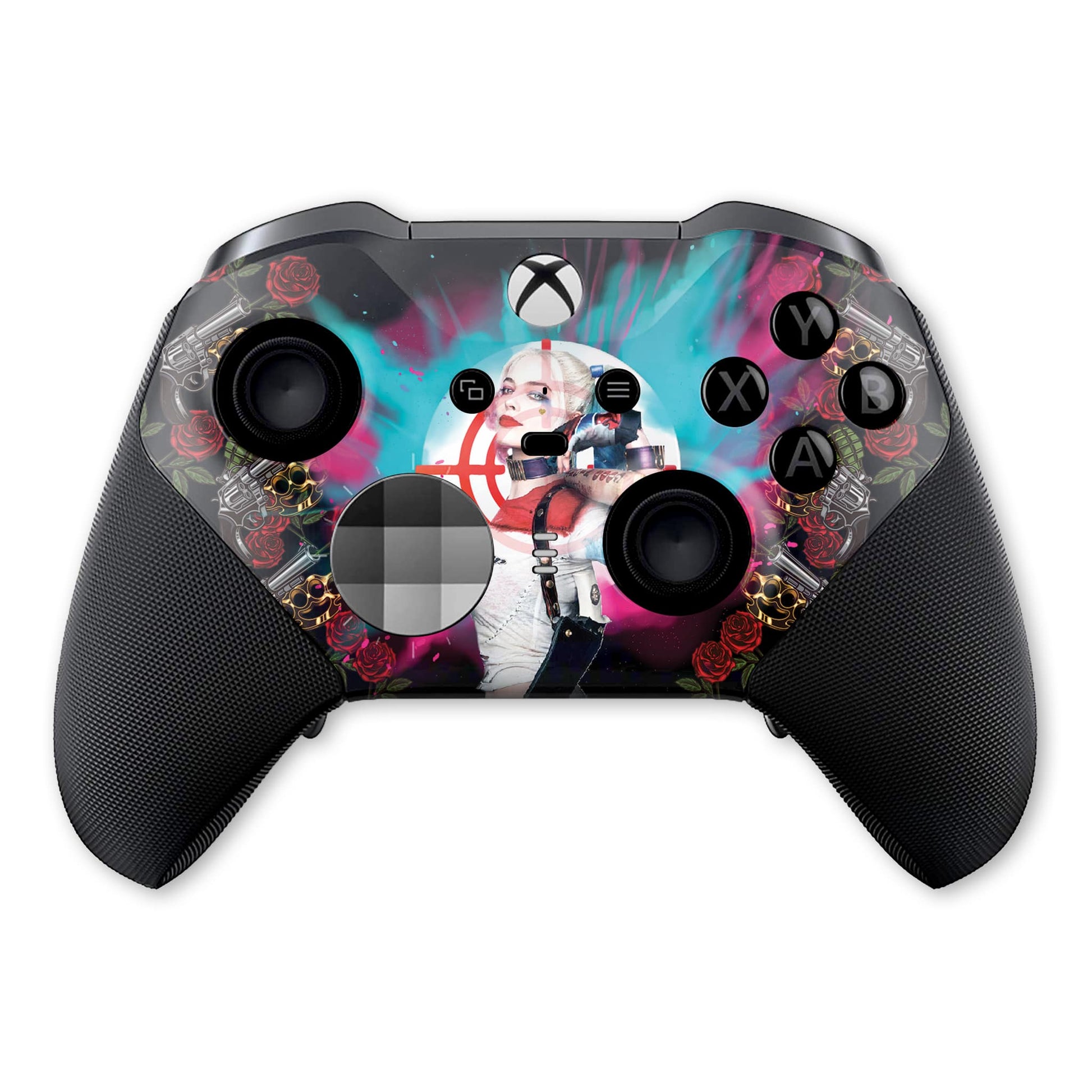 Xbox Elite Series 2 controller front view with Harley Quinn-style hydro-dip artwork