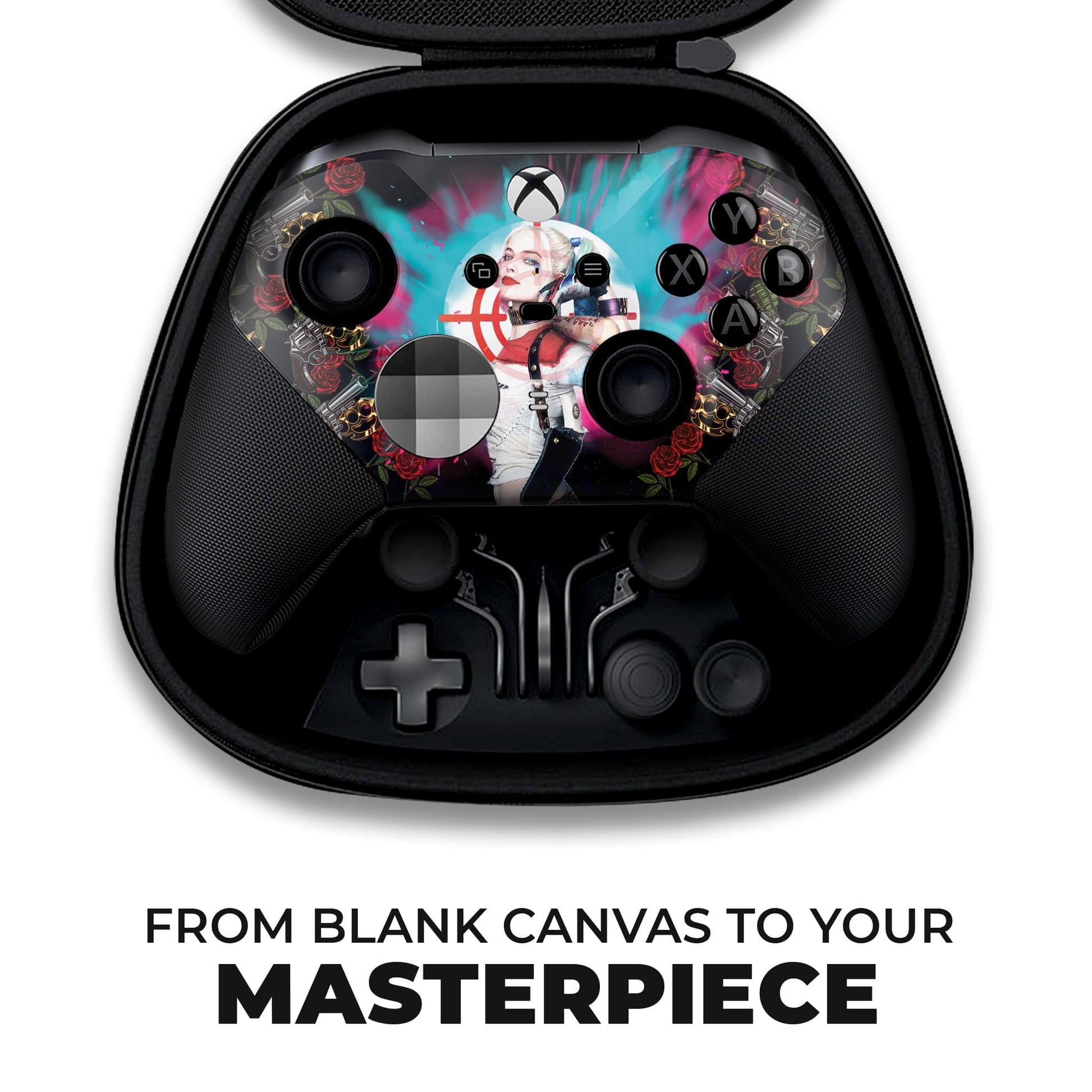 Xbox Elite Series 2 controller in case tray, hydro-dip front graphic visible