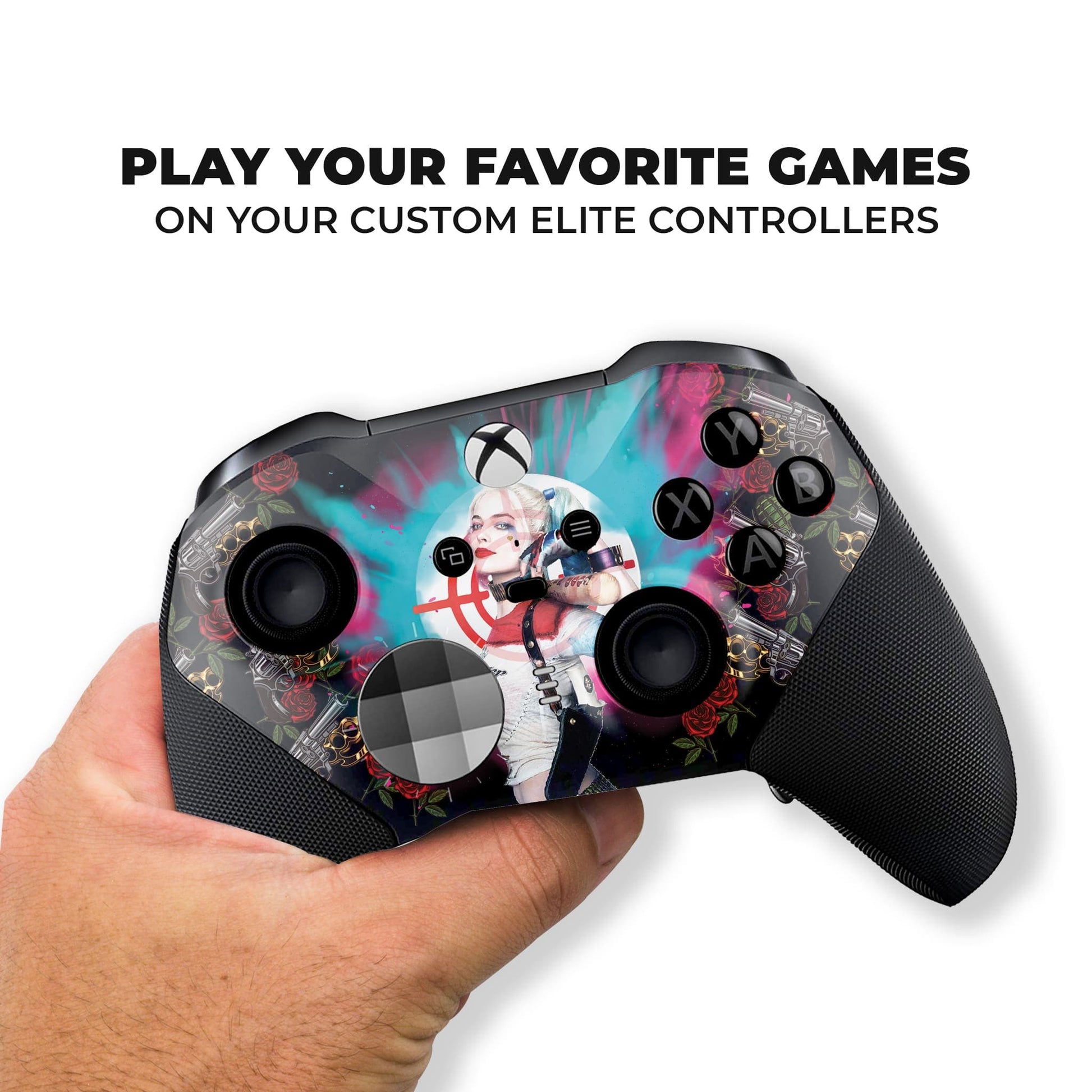 Xbox Elite Series 2 controller front held in hand with custom hydro-dip artwork
