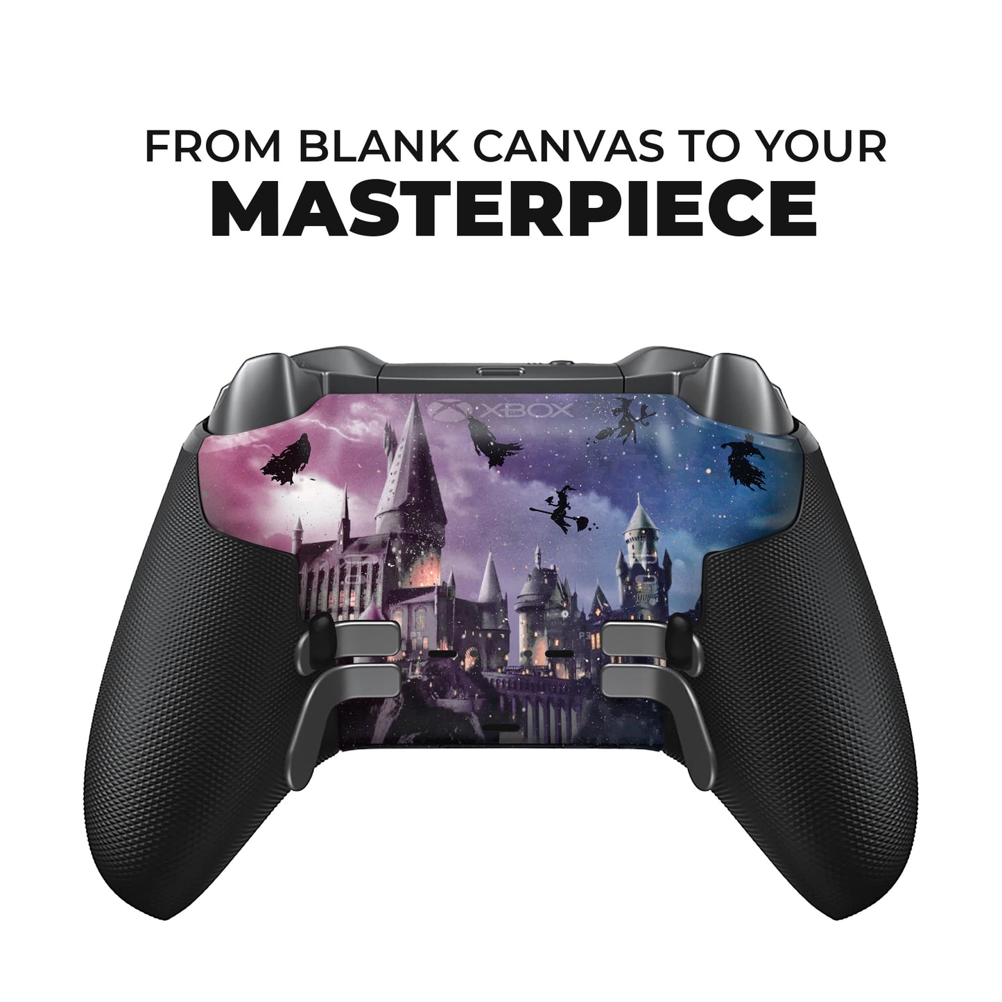 Xbox Elite Series 2 controller, purple-blue wizard castle hydro-dip design with black textured grips