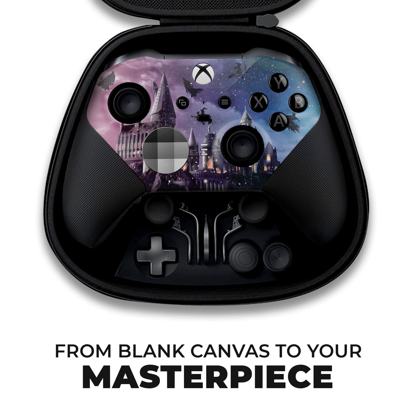 Xbox Elite Series 2 controller case open, purple-blue wizard castle hydro-dip controller inside