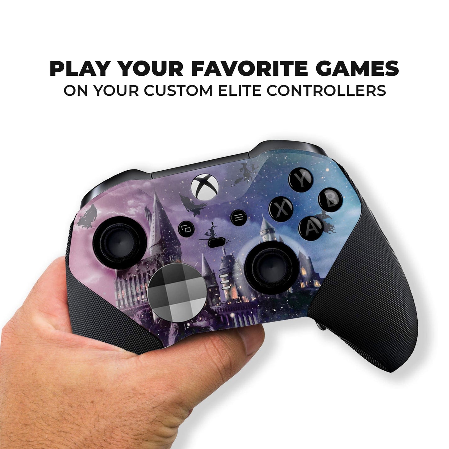 Xbox Elite Series 2 controller in hand, purple-blue wizard castle hydro-dip and black textured grips
