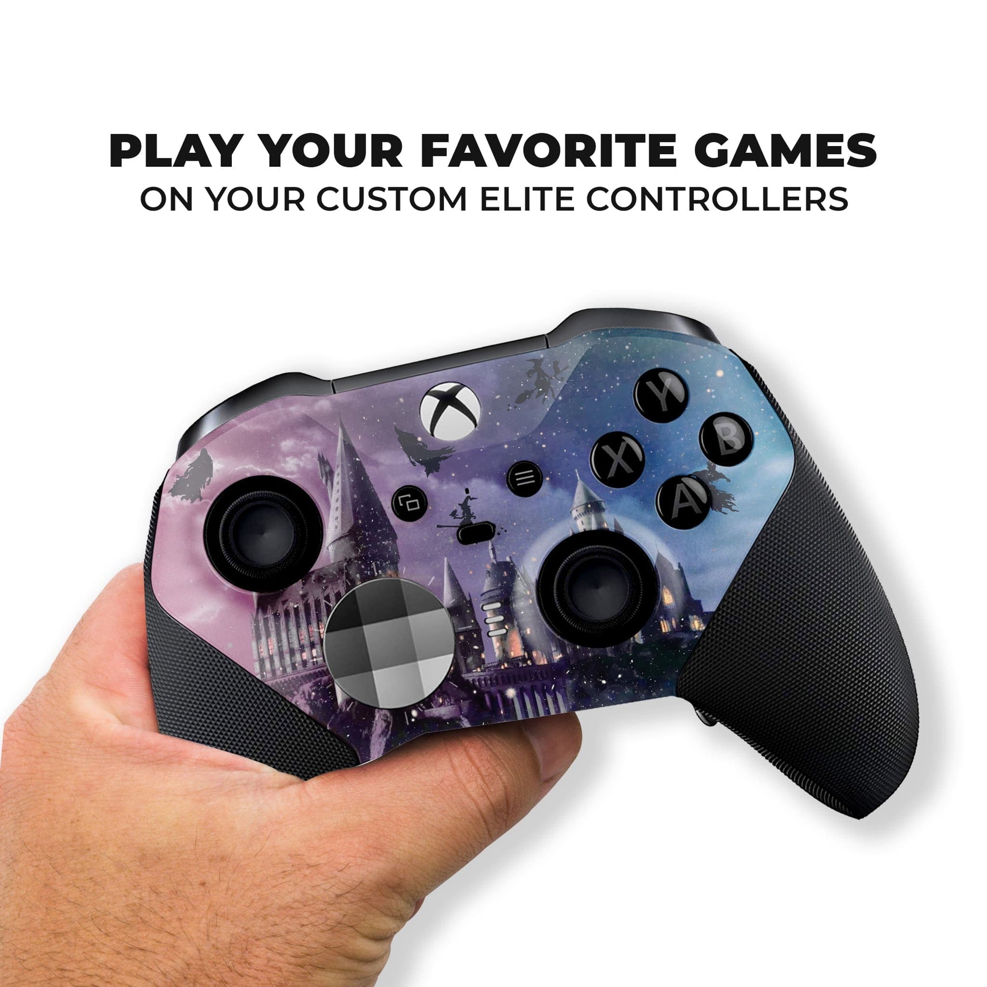 Xbox Elite Series 2 controller in hand, purple-blue wizard castle hydro-dip and black textured grips