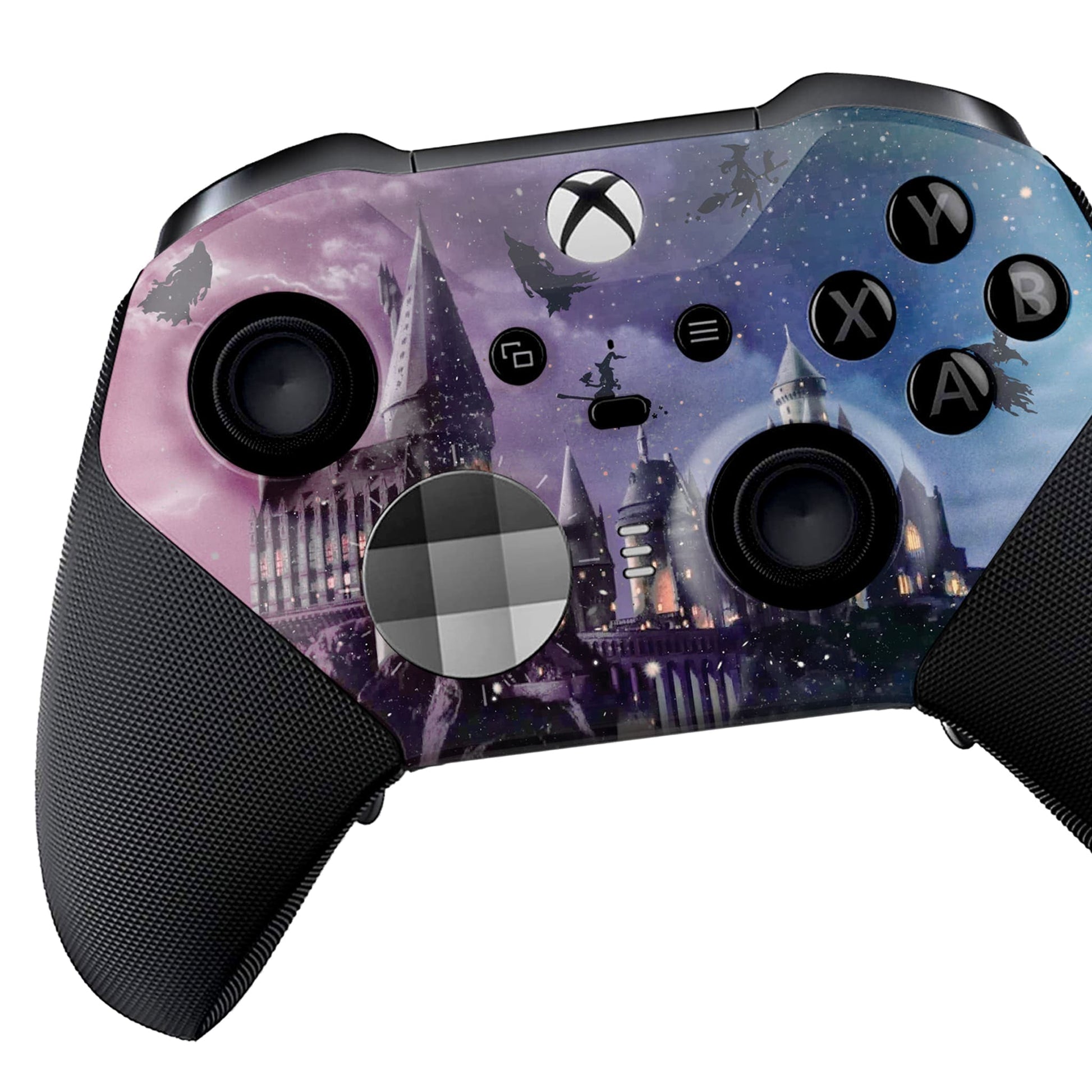 Xbox Elite Series 2 controller, front view with purple-blue wizard castle hydro-dip and black grips