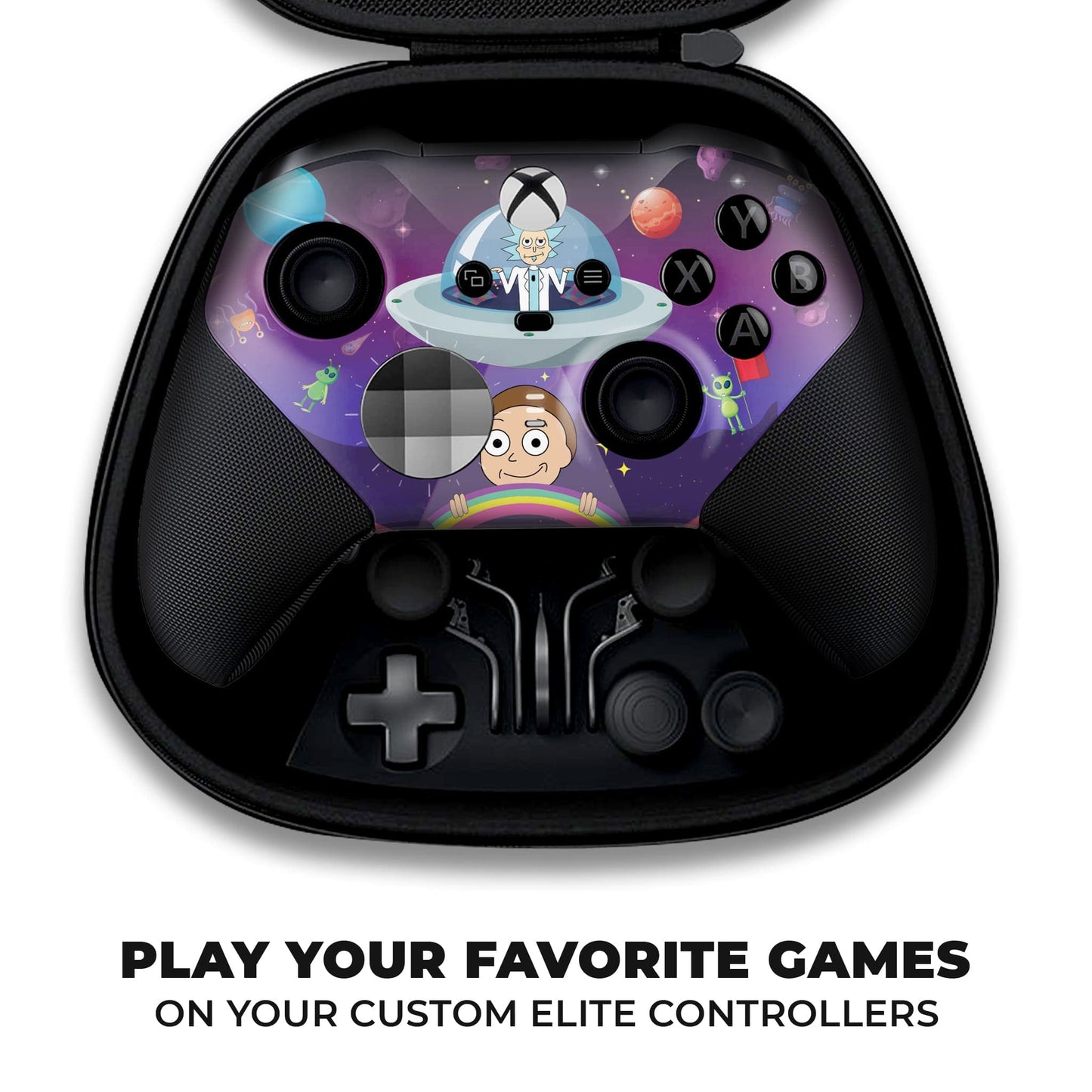 Xbox Elite Series 2 controller back with purple space graphic and black grip panel