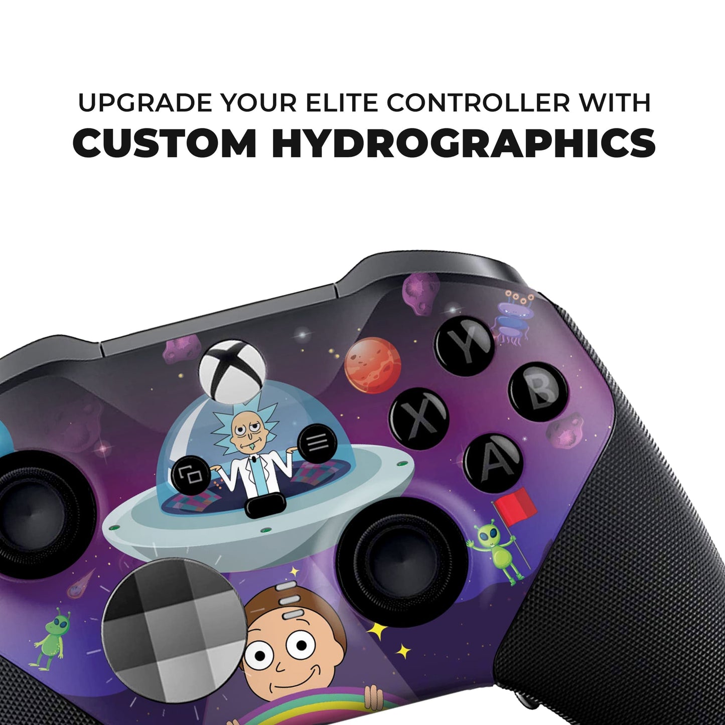 Xbox Elite Series 2 controller close-up: purple space skin with face graphic
