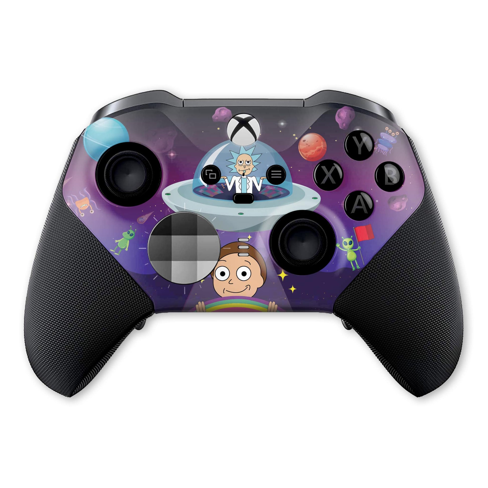 Xbox Elite Series 2 controller with purple space-themed skin and black textured grips