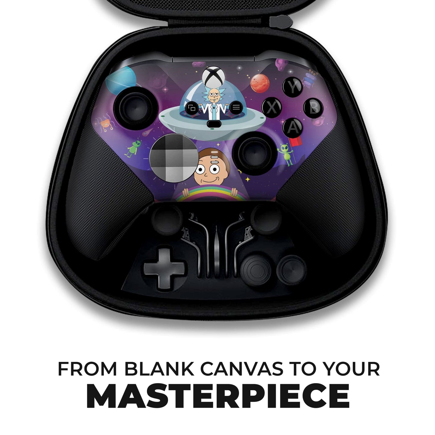 Xbox Elite Series 2 controller back with purple space skin and textured black grips