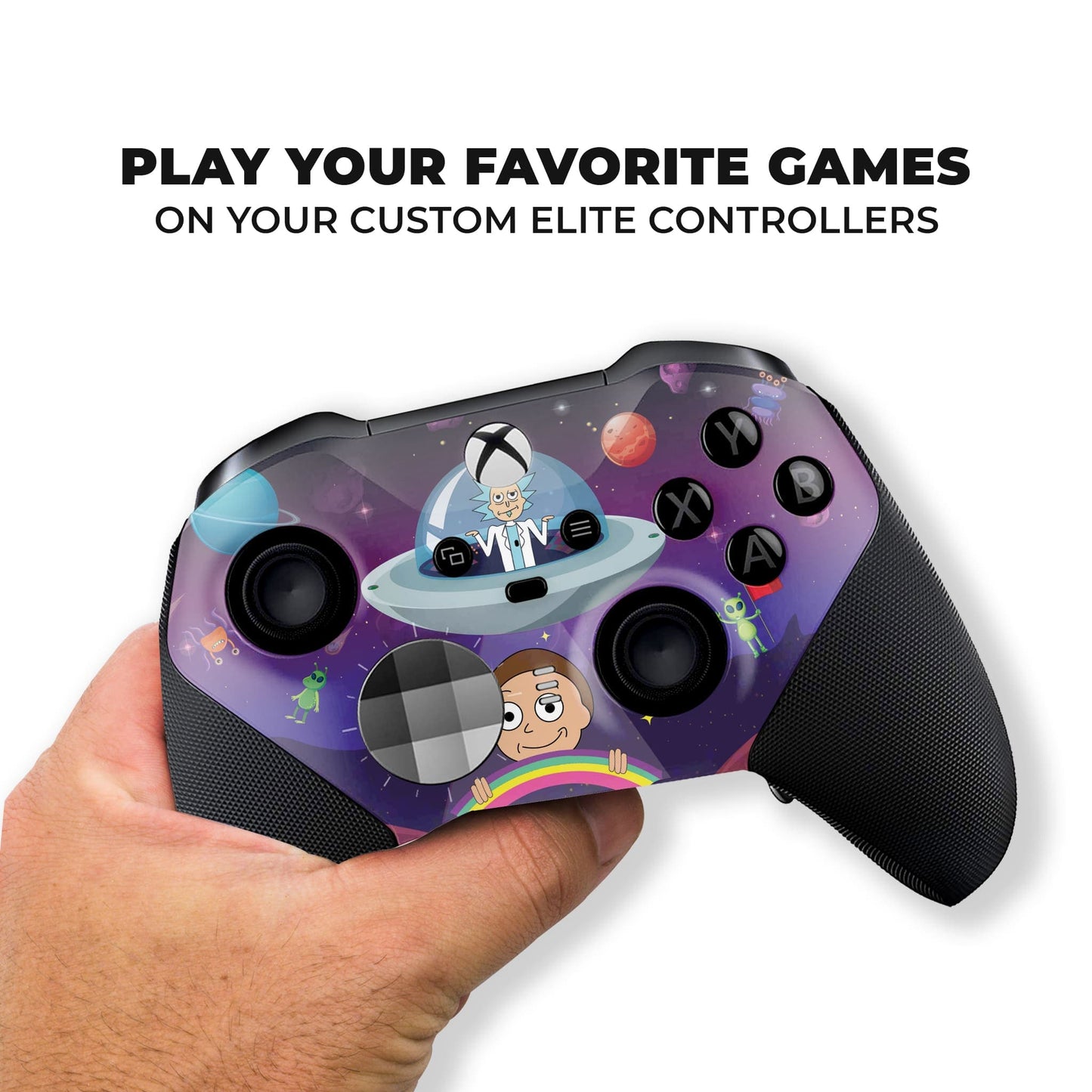 Xbox Elite Series 2 controller held in hand, purple space skin and black textured grips
