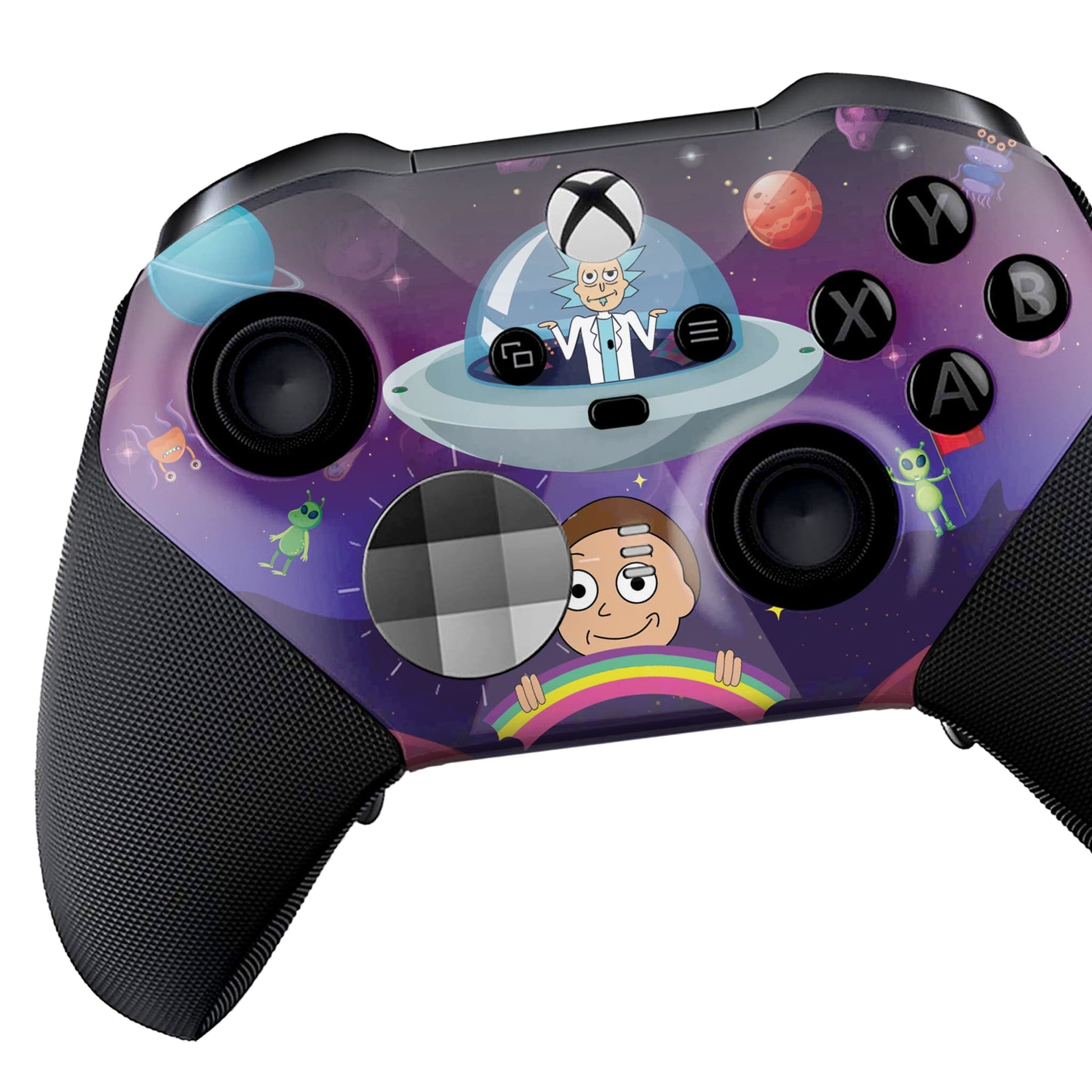 Xbox Elite Series 2 controller close-up with purple space skin and colorful button icons