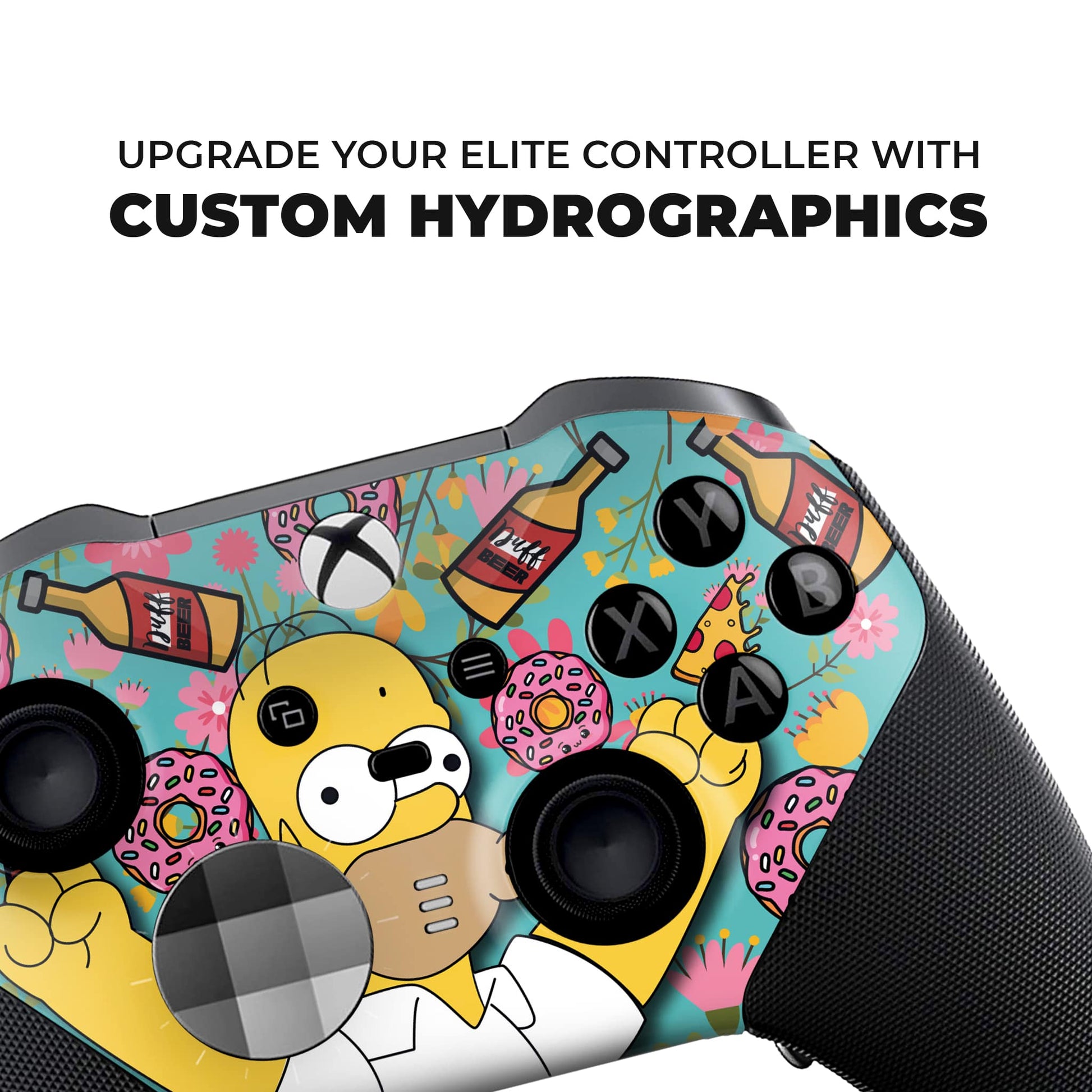 Xbox Elite Series 2 controller close-up with colorful hydro-dip cartoon pattern and black grips