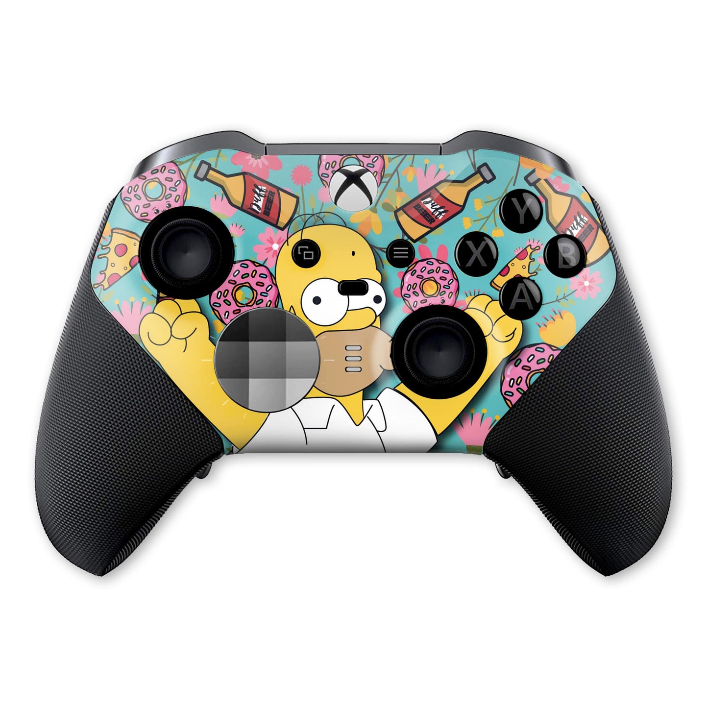 Xbox Elite Series 2 controller front showing colorful hydro-dip pattern over black grips