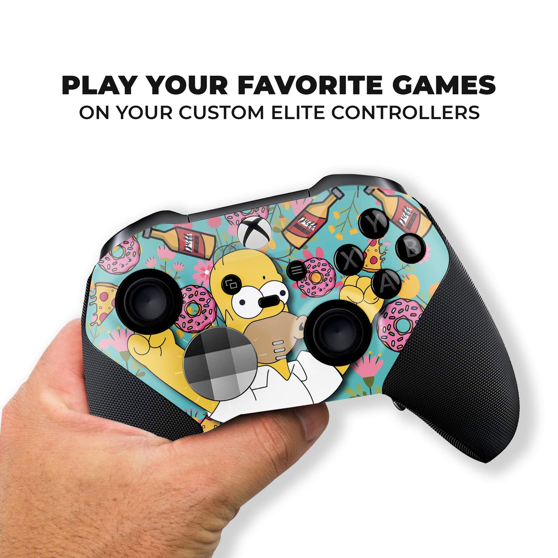 Xbox Elite Series 2 controller with colorful hydro-dip cartoon design held in hand, black grips