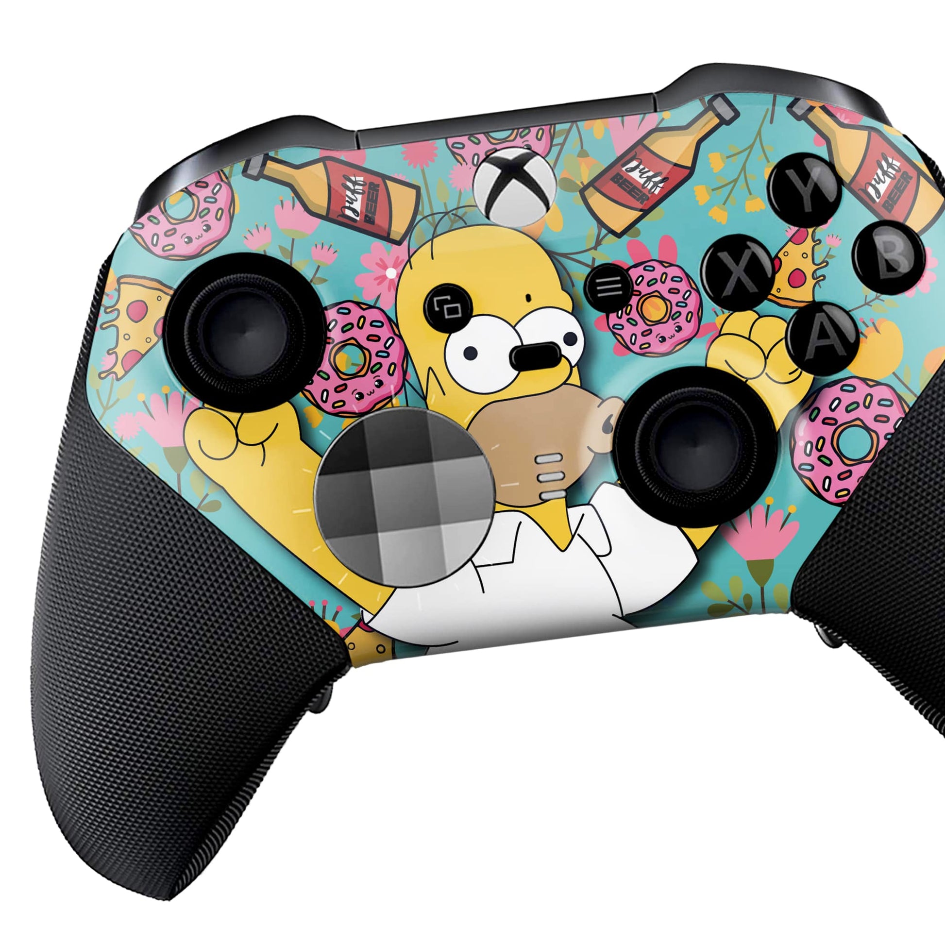 Xbox Elite Series 2 controller front close-up with cartoon hydro-dip design and black grips