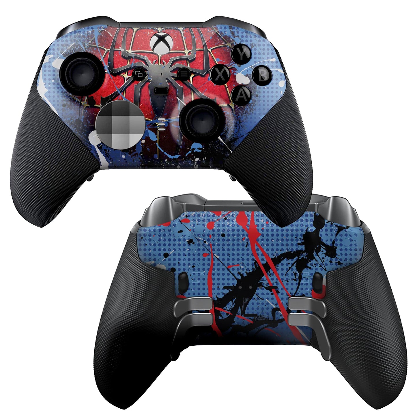 Xbox Elite Series 2 controller with red-and-blue spider hydro-dip front and black grips