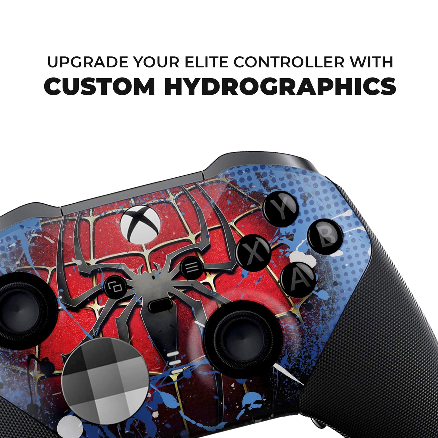 Xbox Elite Series 2 controller close-up showing red-and-blue spider hydro-dip on back
