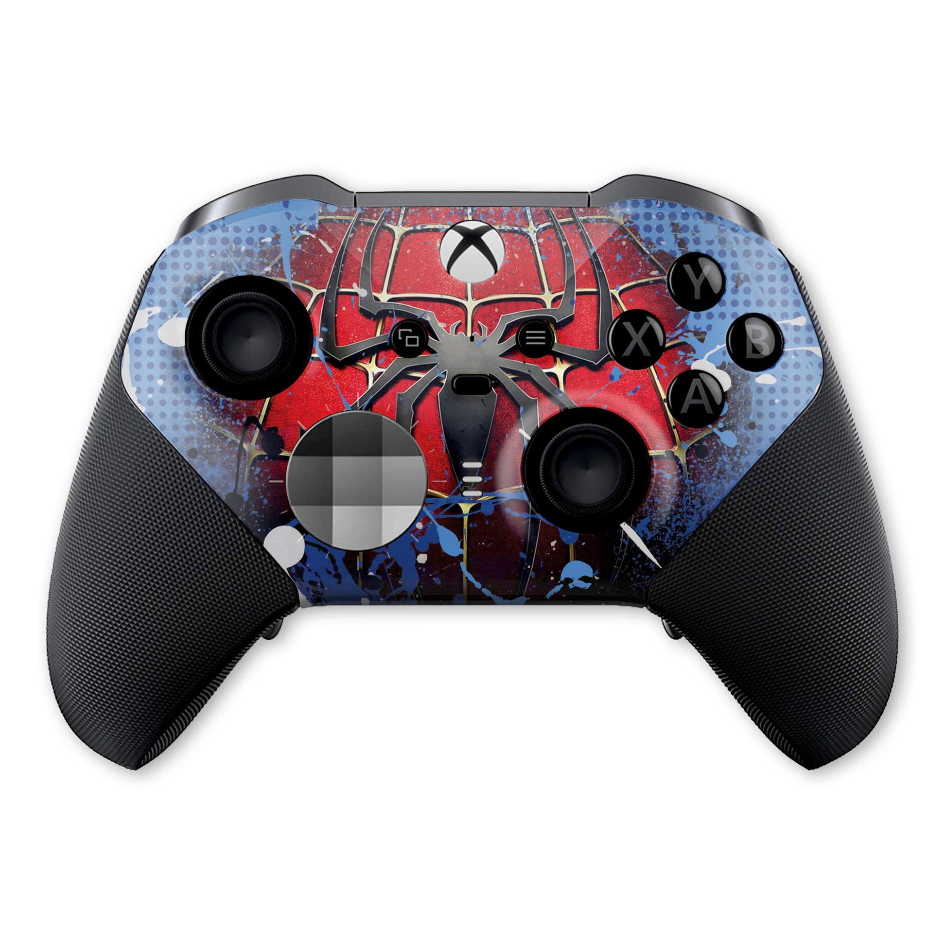 Xbox Elite Series 2 controller top view with red-and-blue spider hydro-dip and colored buttons