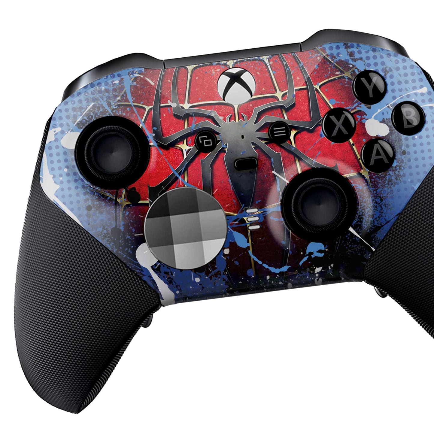 Xbox Elite Series 2 controller close-up with red spider hydro-dip and black textured handles