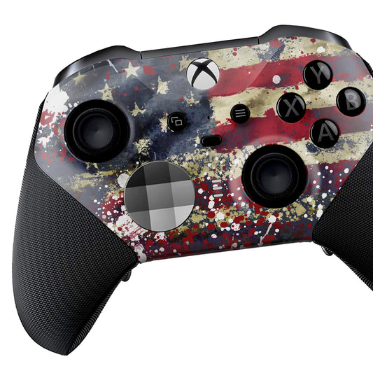 Xbox Elite Series 2 controller with USA tattered flag hydro-dip front and button icons