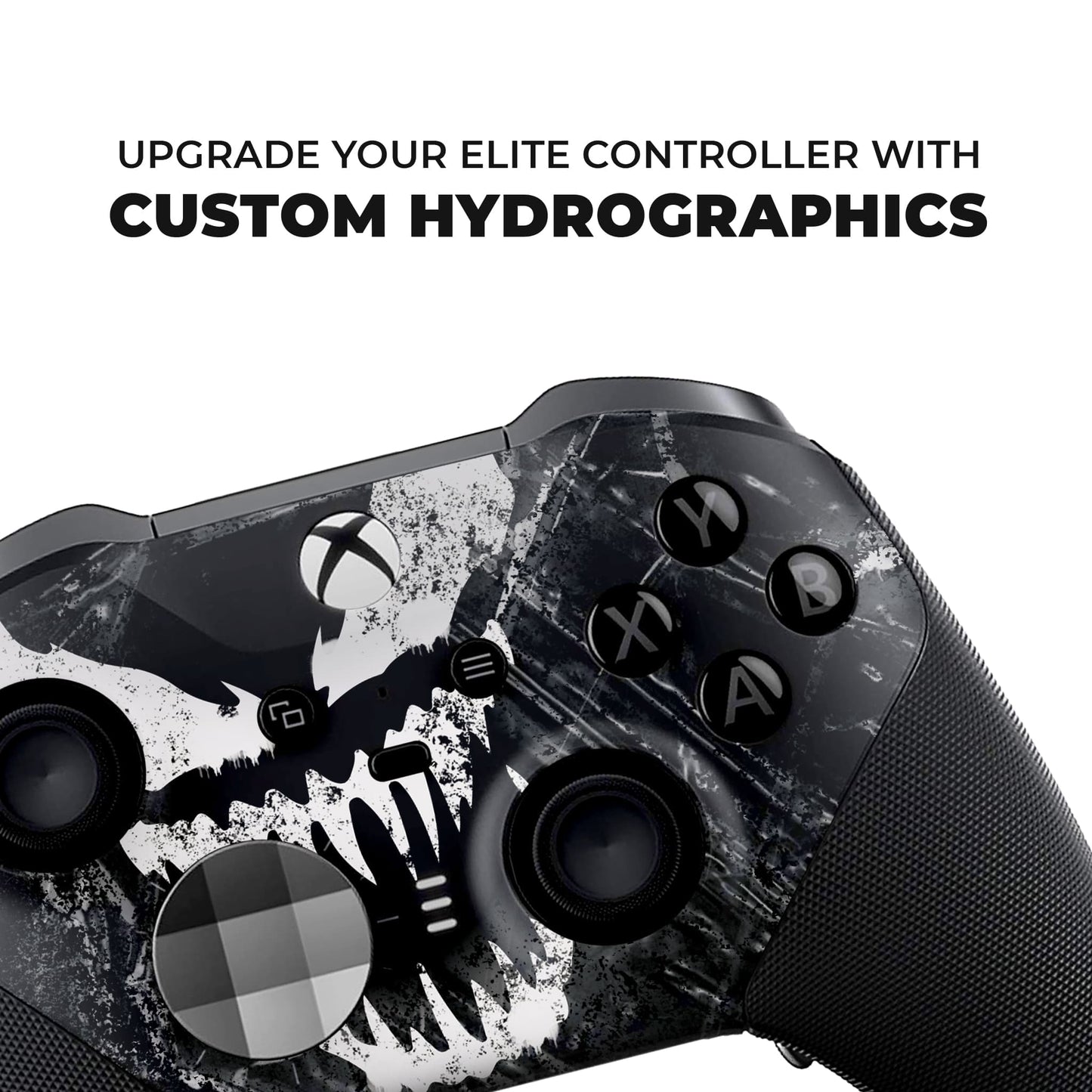 Close-up of Black Xbox Elite Series 2 controller face with hydro-dipped skull artwork