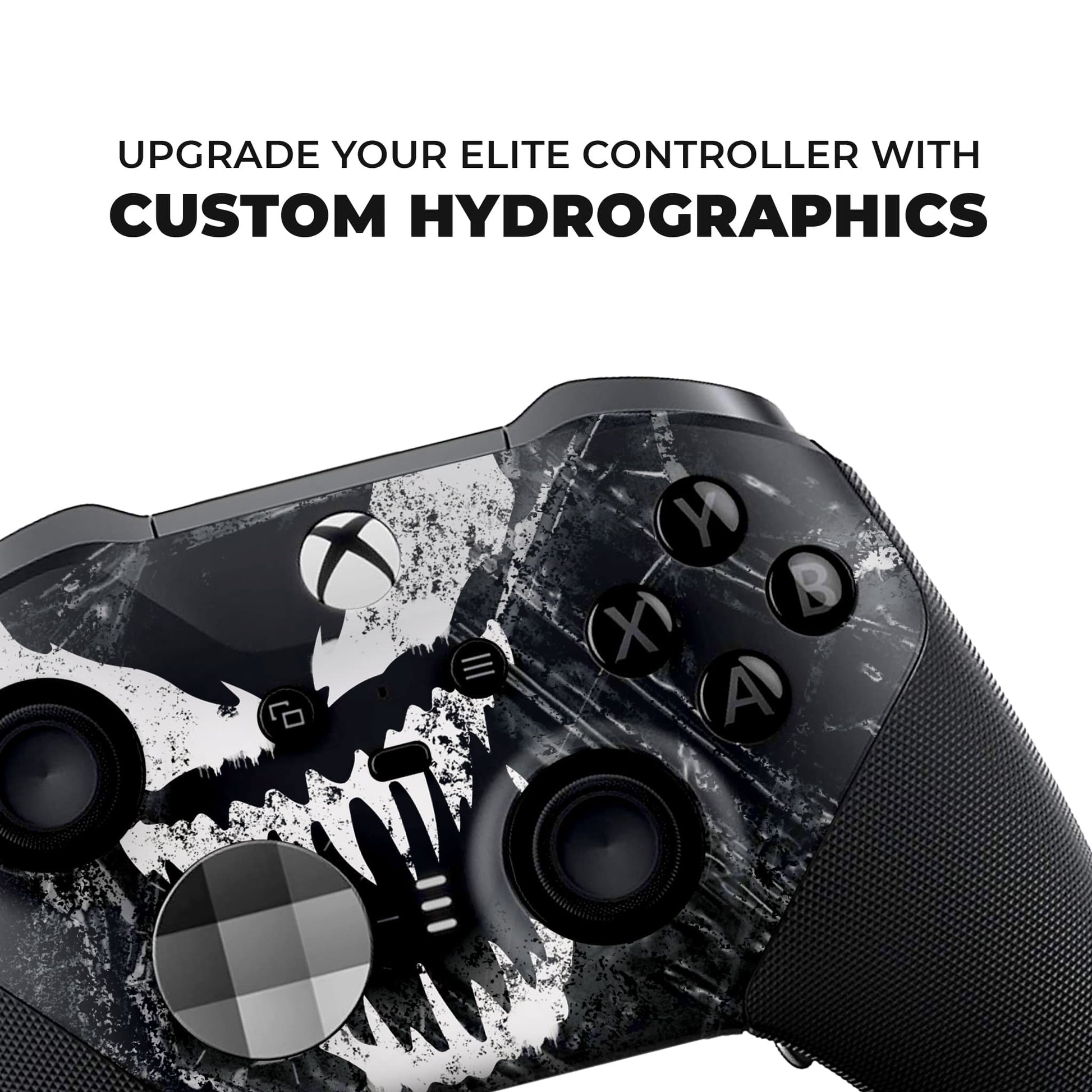 Close-up of Black Xbox Elite Series 2 controller face with hydro-dipped skull artwork