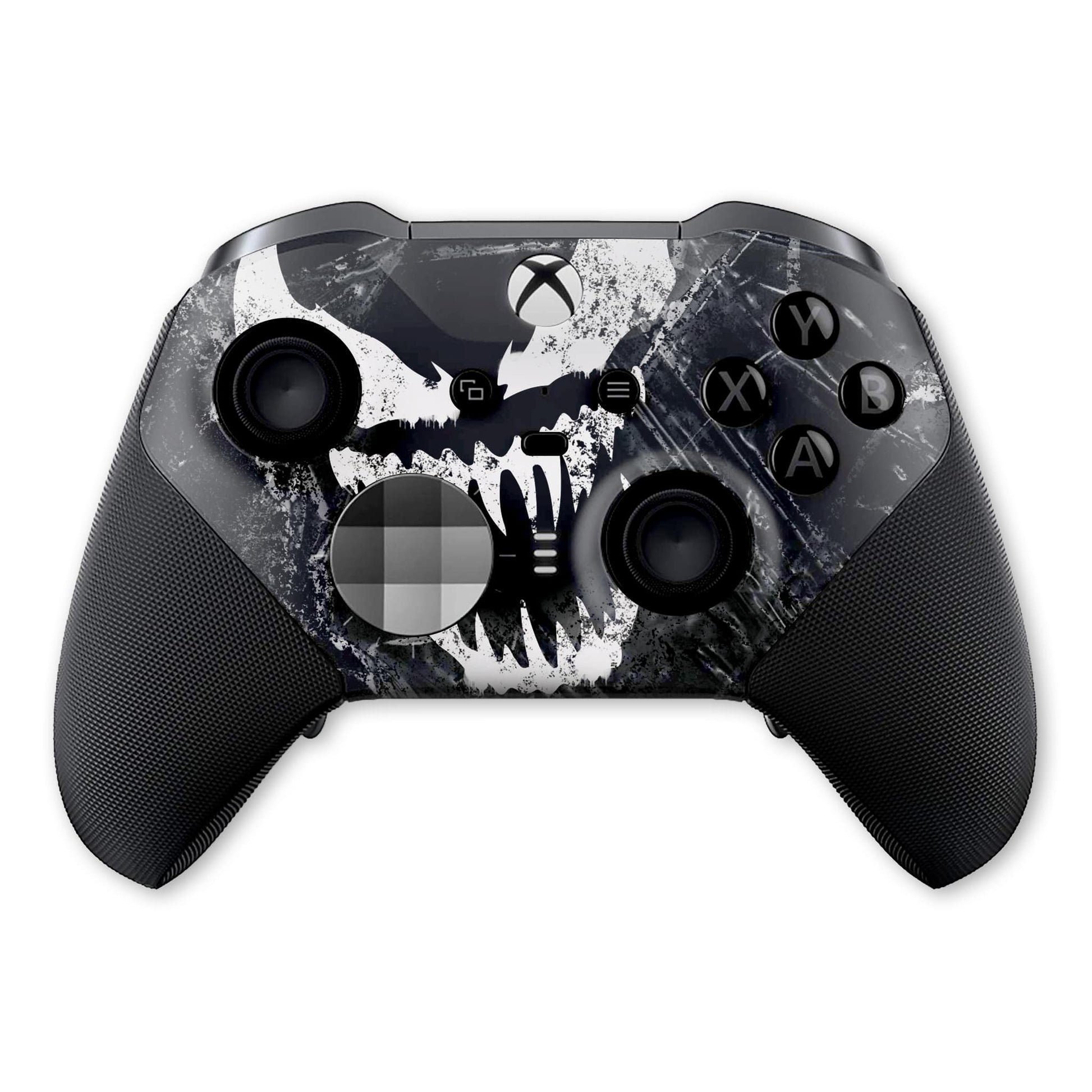 Black Xbox Elite Series 2 controller front with hydro-dipped skull graphic and buttons