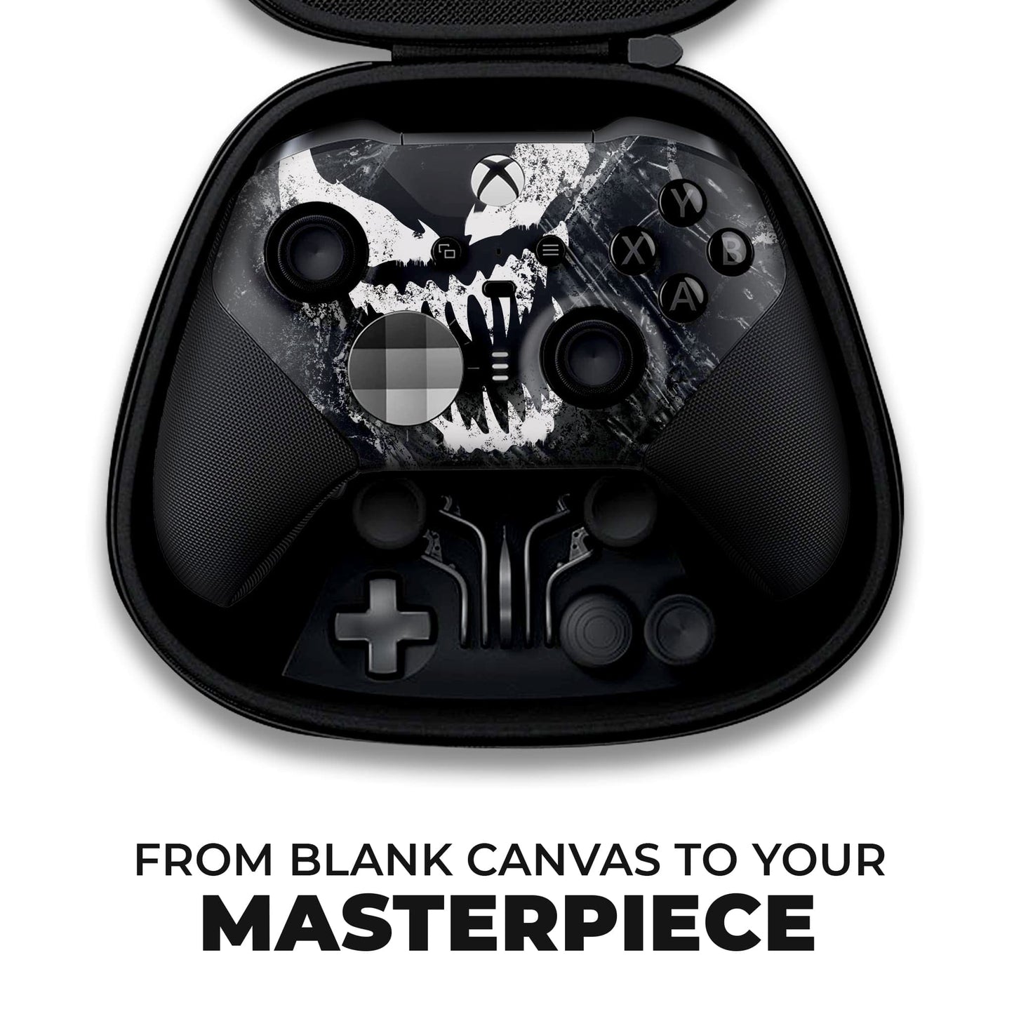 Black Xbox Elite Series 2 controller front with hydro-dipped skull graphic and thumbsticks