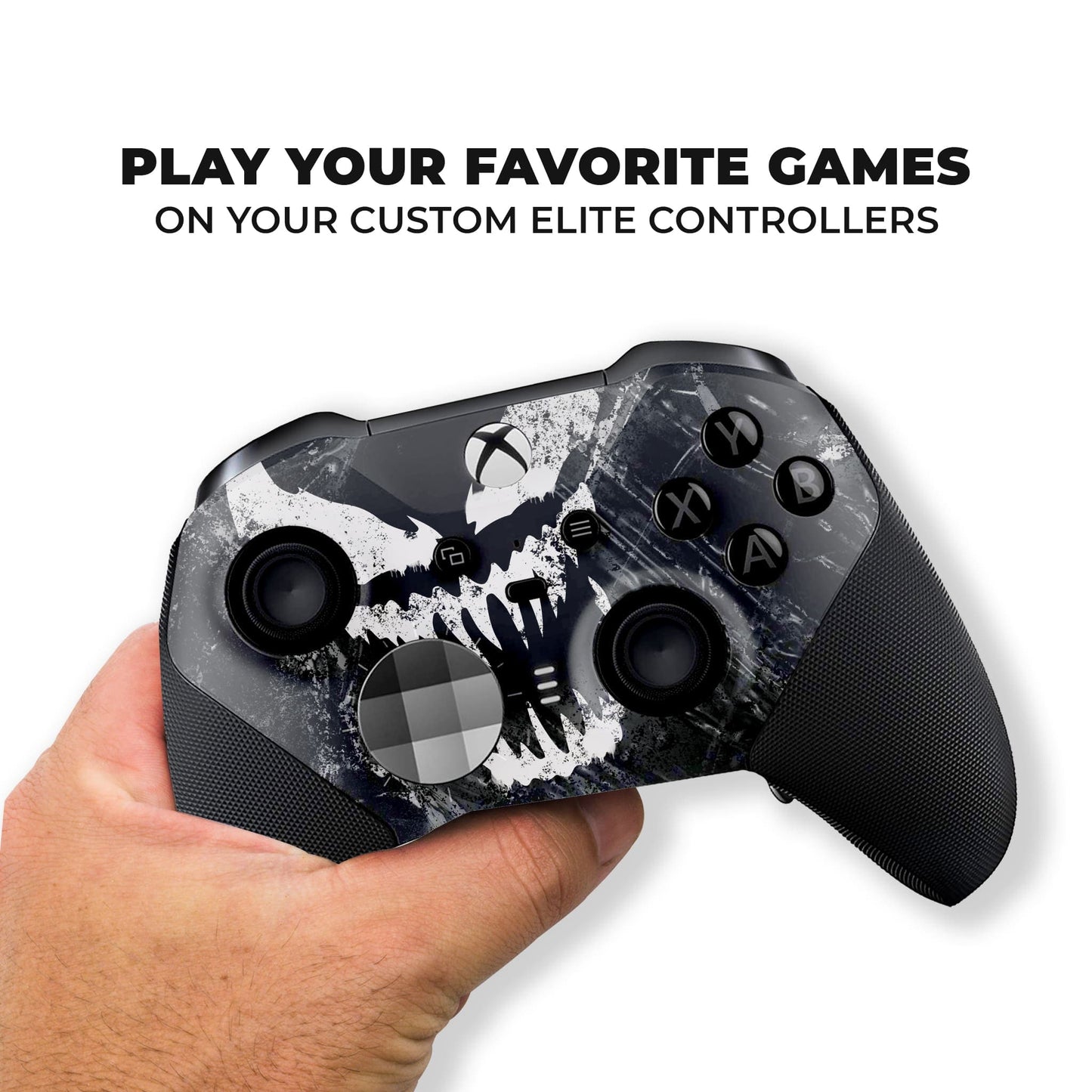 Black Xbox Elite Series 2 controller held in hand with hydro-dipped skull graphic